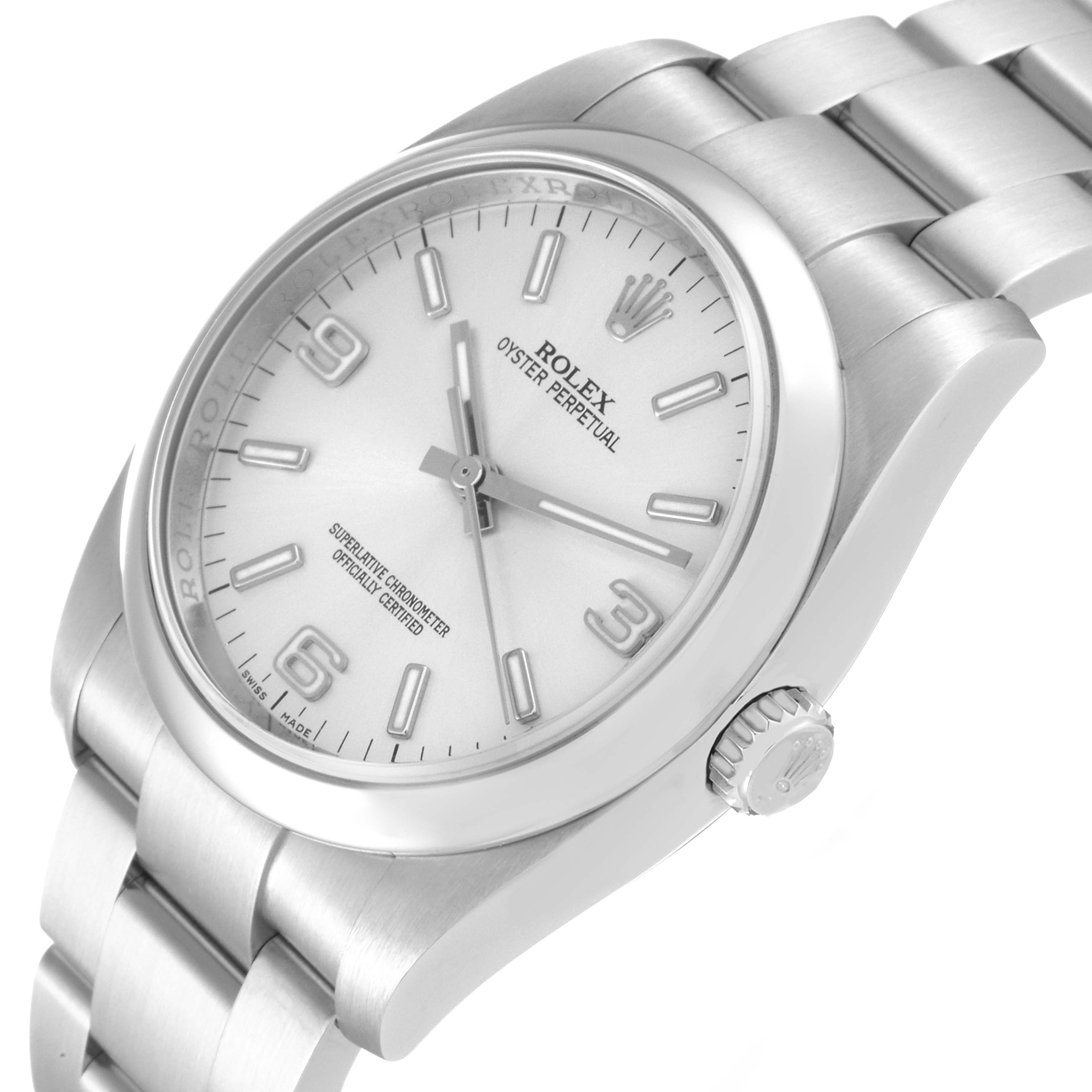 The image shows a Rolex Oyster Perpetual 116000 Men
s Stainless Steel Silver Dial 116000 Men
s Stainless Steel Silver Dial watch at a slight angle, highlighting the dial, case, crown, and part of the bracelet.