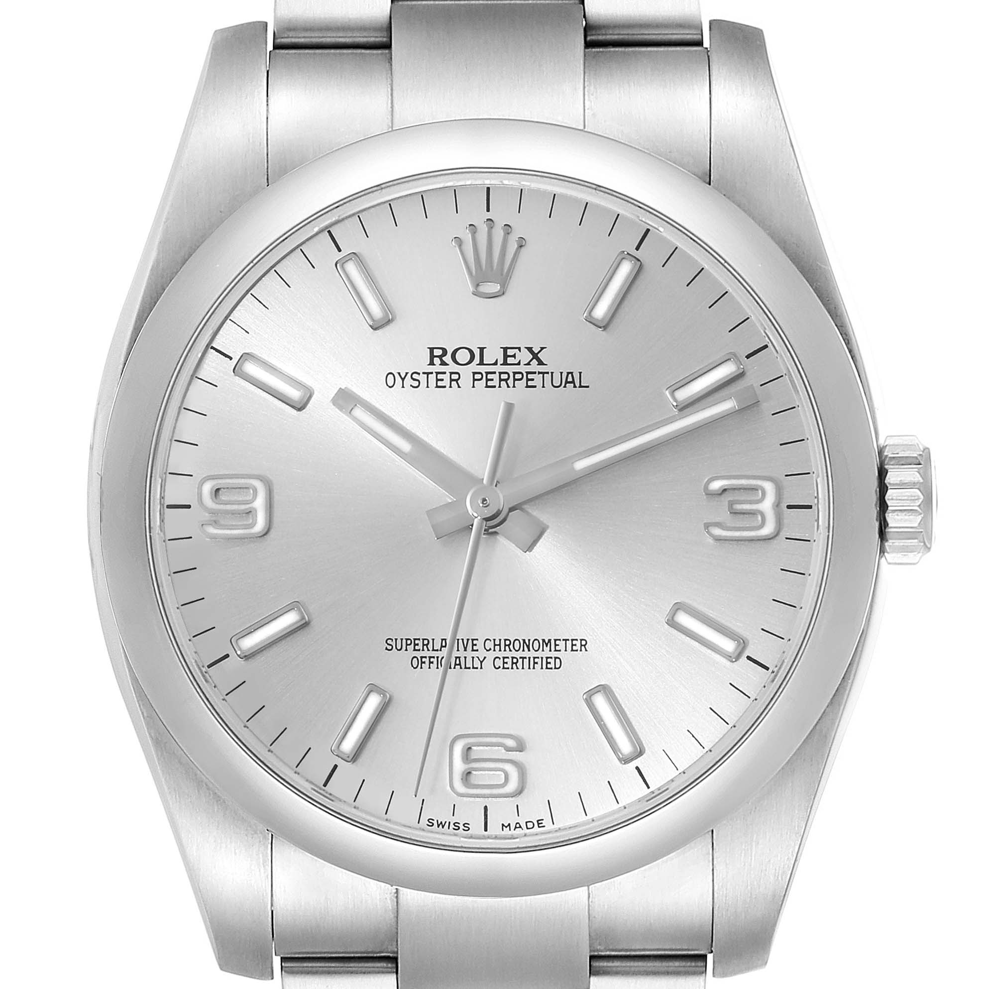 The image shows a front view of the Rolex Oyster Perpetual 116000 Men
s Stainless Steel Silver Dial 116000 Men
s Stainless Steel Silver Dial watch, highlighting its dial, hour markers, and crown.