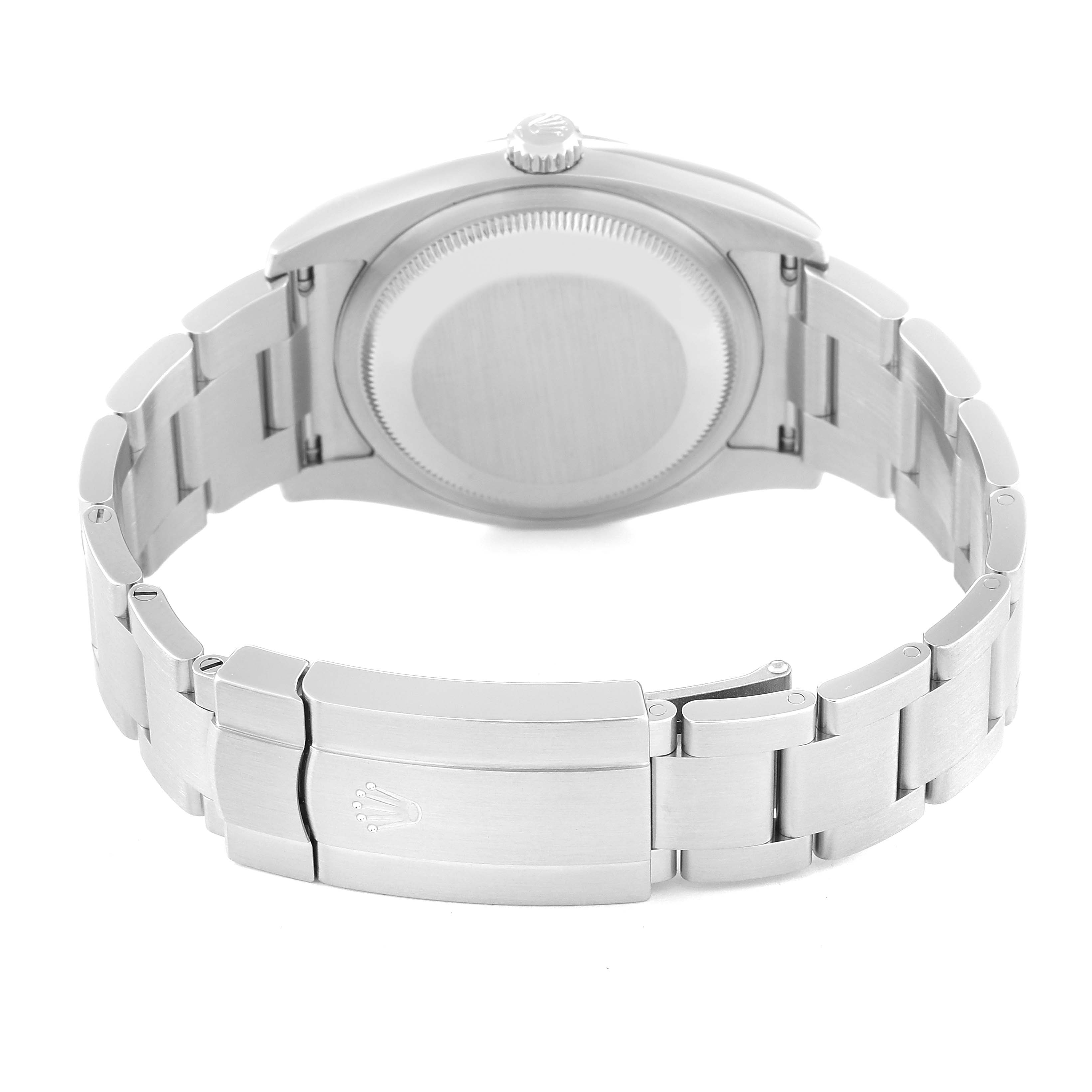 The image shows the back side and bracelet clasp of a Rolex Oyster Perpetual 116000 Men
s Stainless Steel Silver Dial 116000 Men
s Stainless Steel Silver Dial watch.