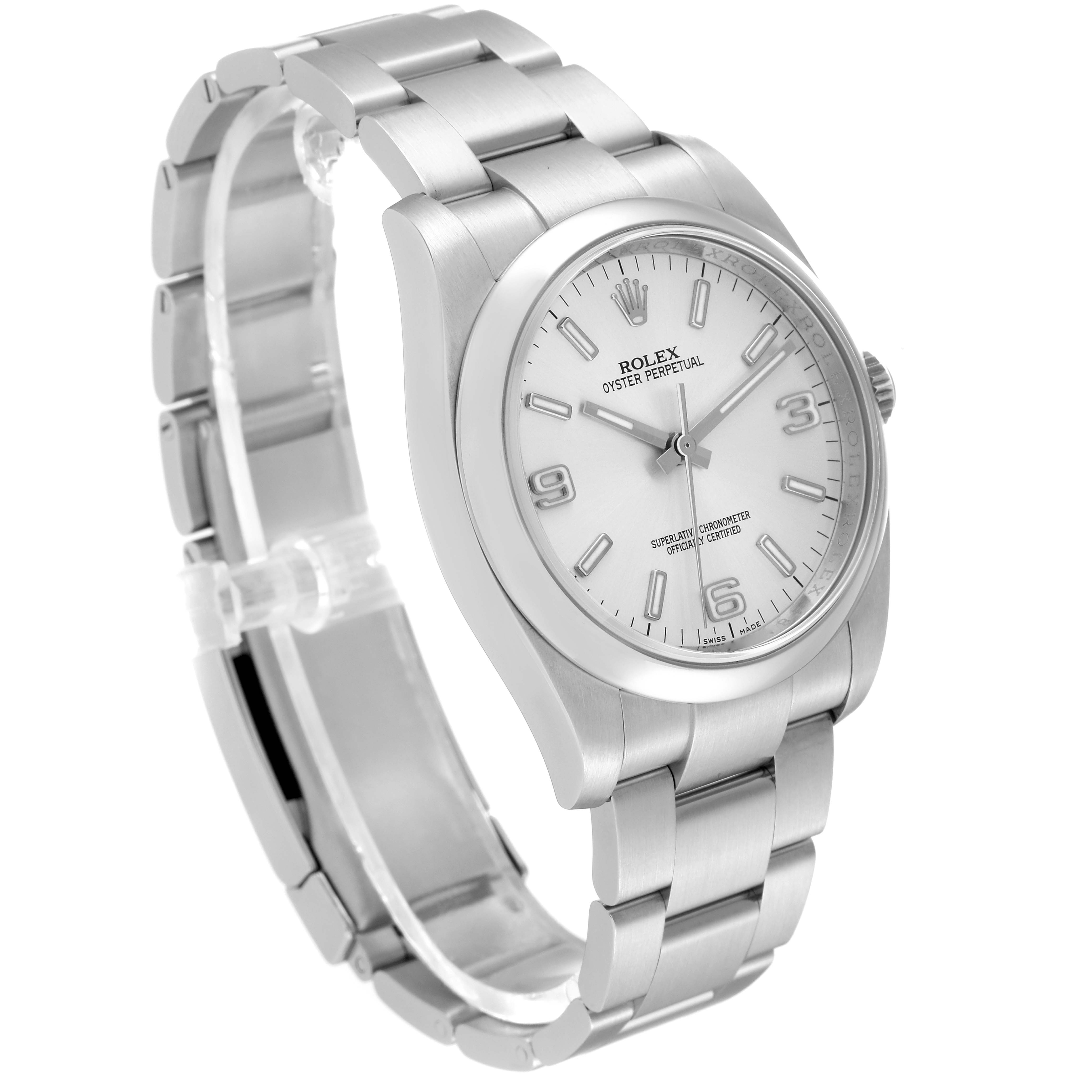 The image shows a Rolex Oyster Perpetual 116000 Men
s Stainless Steel Silver Dial 116000 Men
s Stainless Steel Silver Dial watch from a front three-quarter angle, highlighting the face and bracelet.