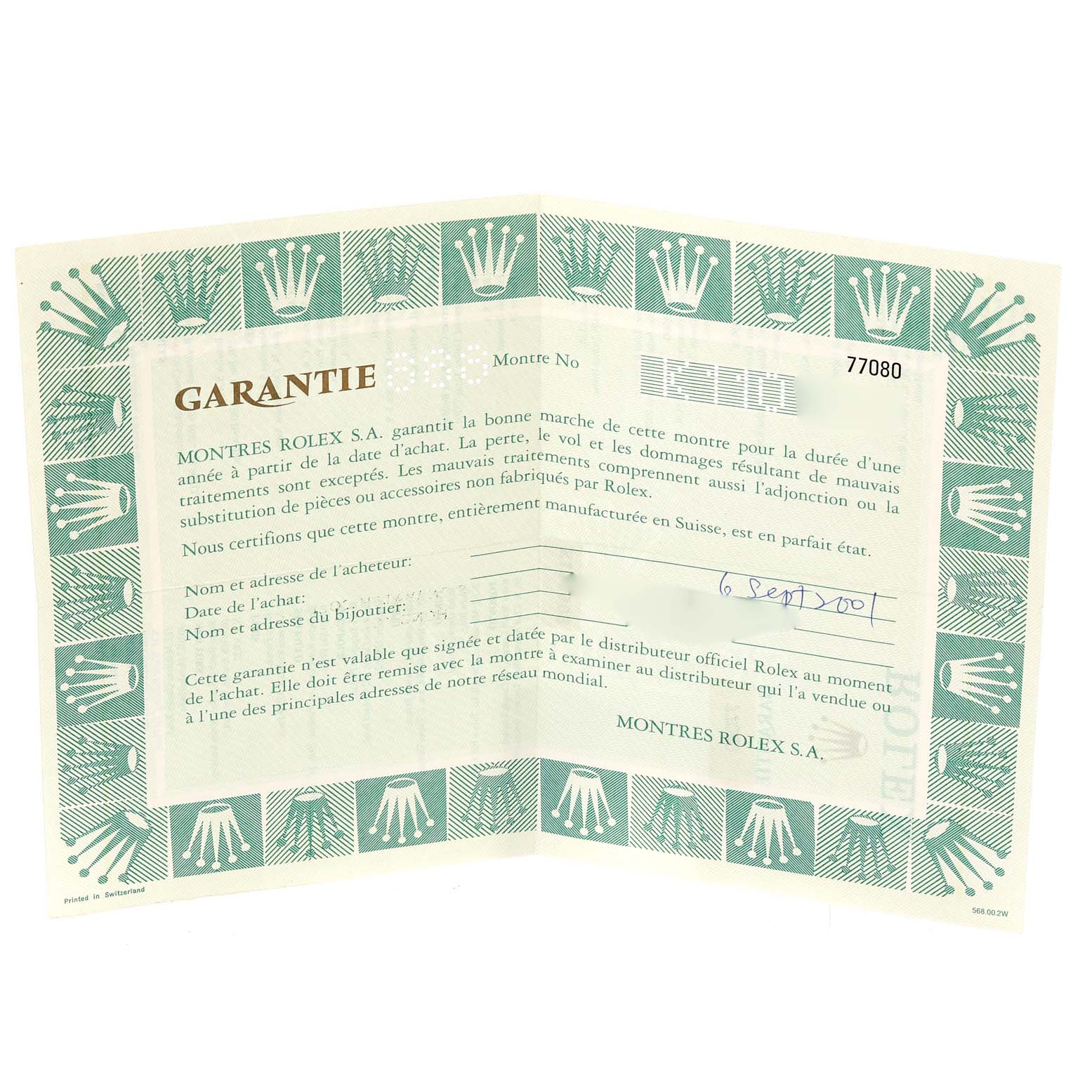 This is an image of a warranty card for a Mid-Size Rolex watch, viewed flat and open.