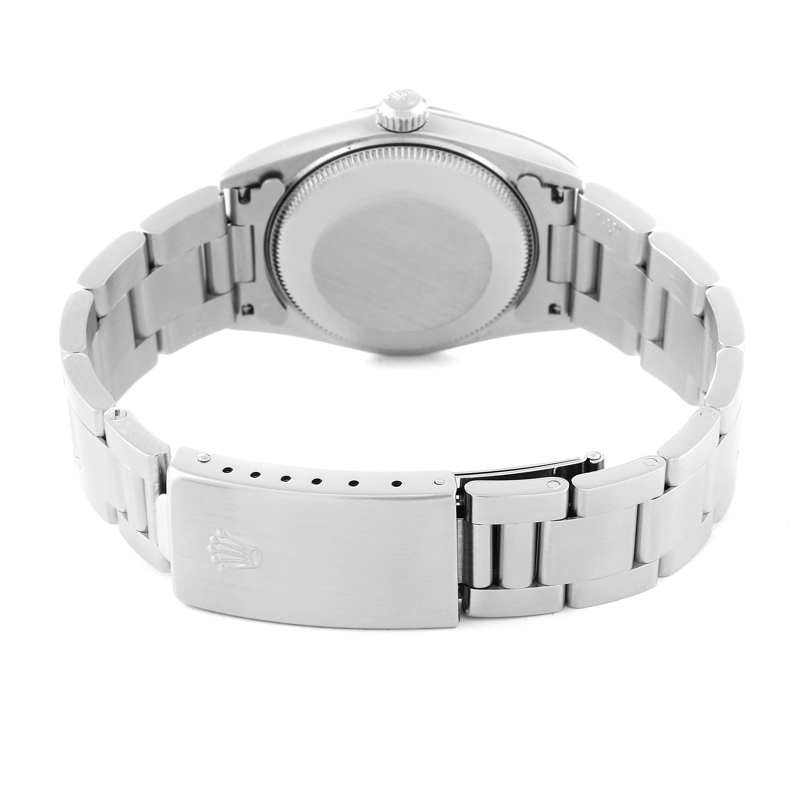 The image shows the back view of a Mid-Size Rolex watch, highlighting its case back, bracelet, and clasp.