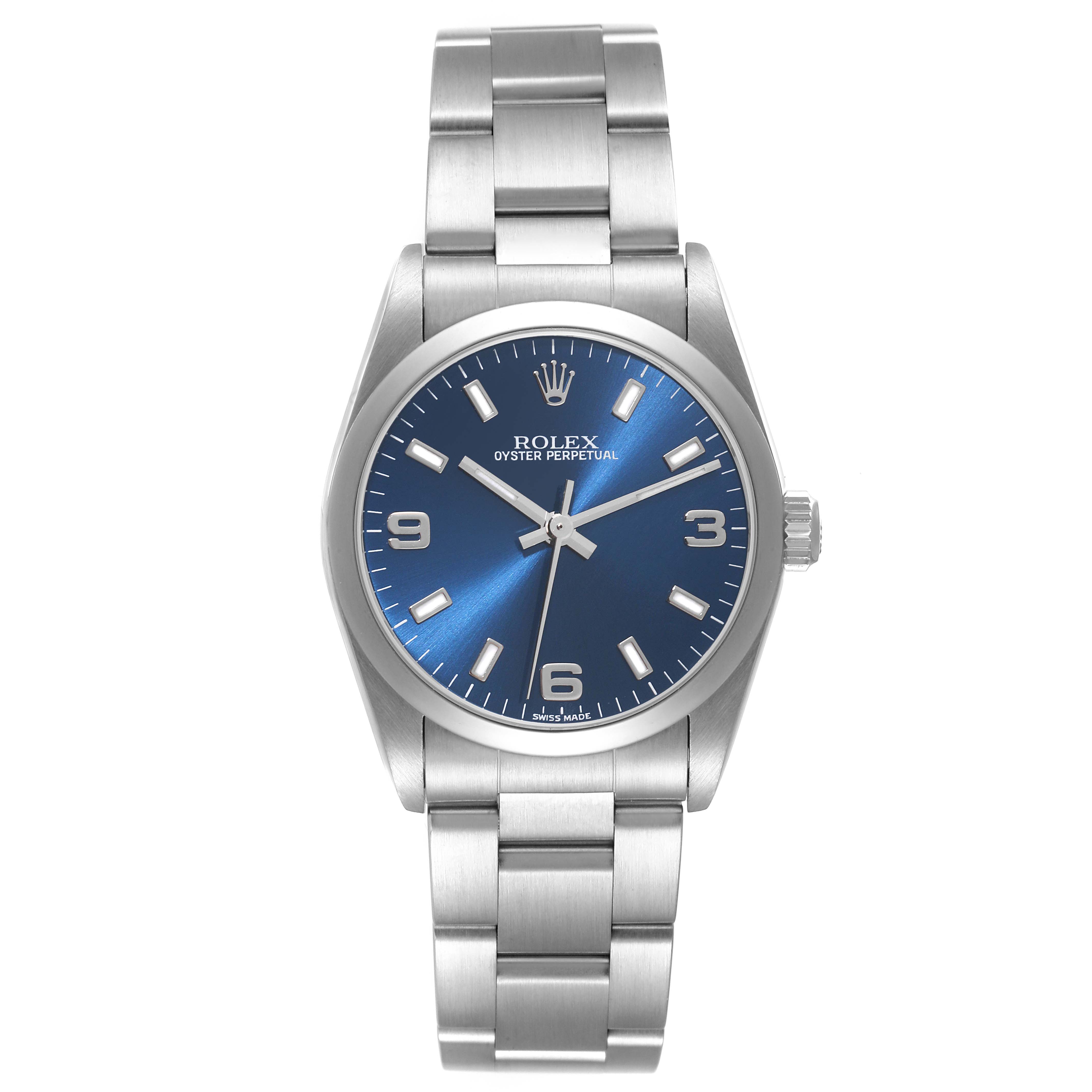 This image shows a front view of a Rolex Mid-Size 77080 Women
s Stainless Steel Blue Dial 77080 Women
s Stainless Steel Blue Dial Oyster Perpetual watch with a blue dial and stainless steel bracelet.