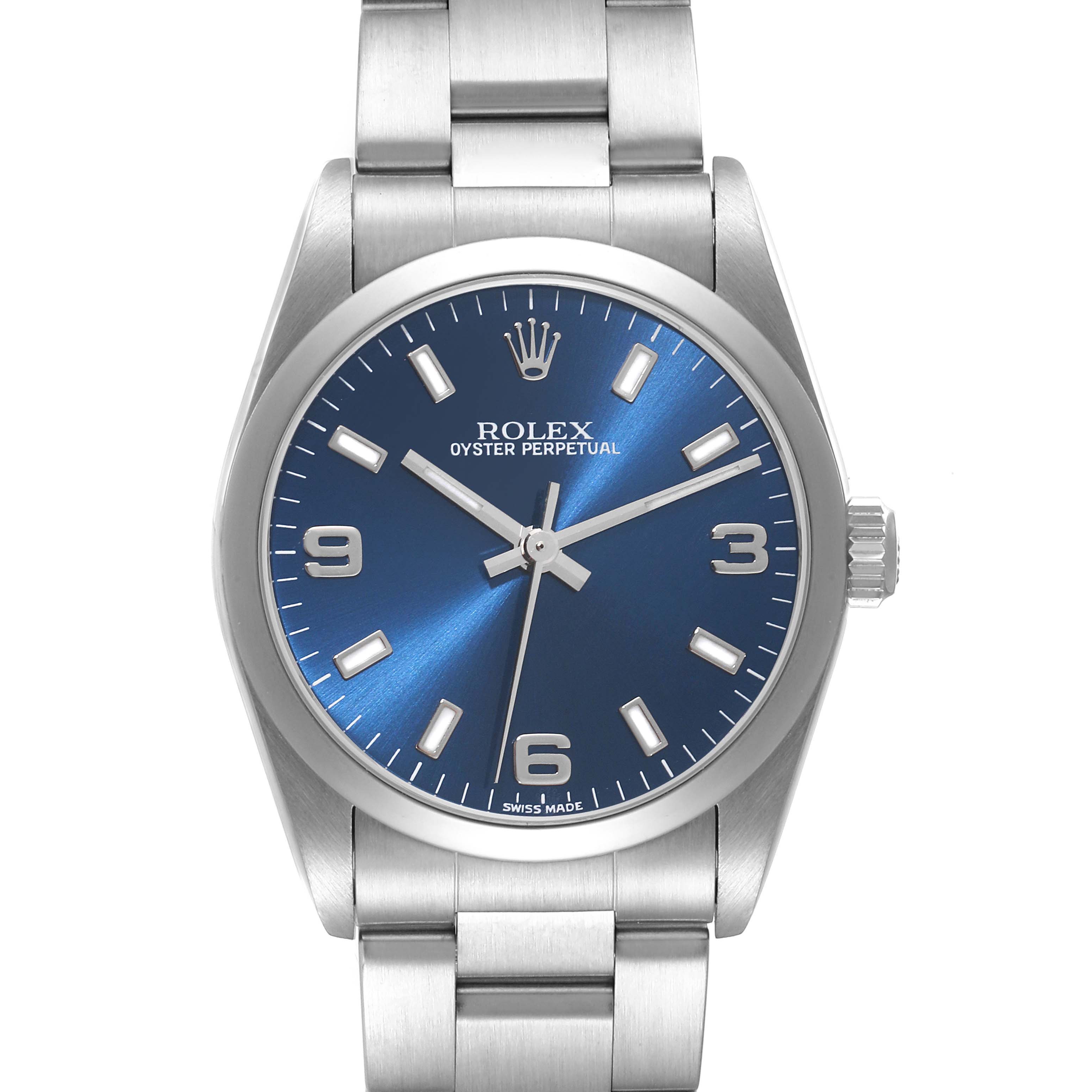 This image shows a frontal view of a Rolex Oyster Perpetual Mid-Size watch with a blue dial and silver bracelet.