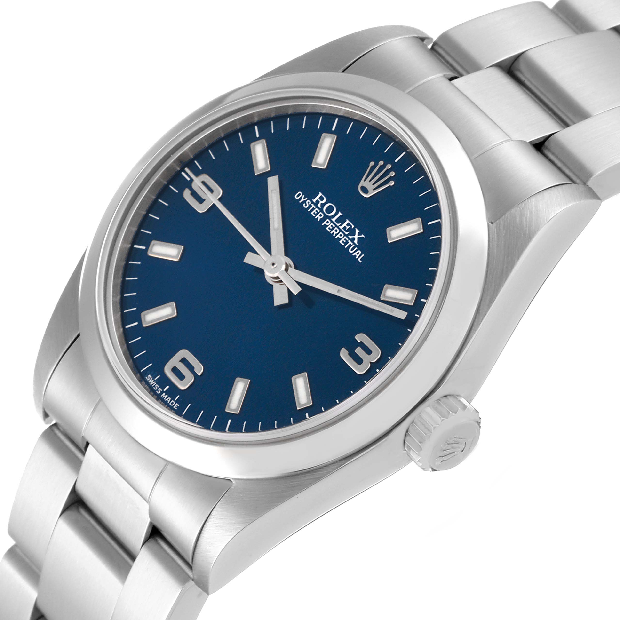 The Rolex Mid-Size 77080 Women
s Stainless Steel Blue Dial 77080 Women
s Stainless Steel Blue Dial watch is shown at an angled view highlighting the blue dial, crown, and a portion of the bracelet.