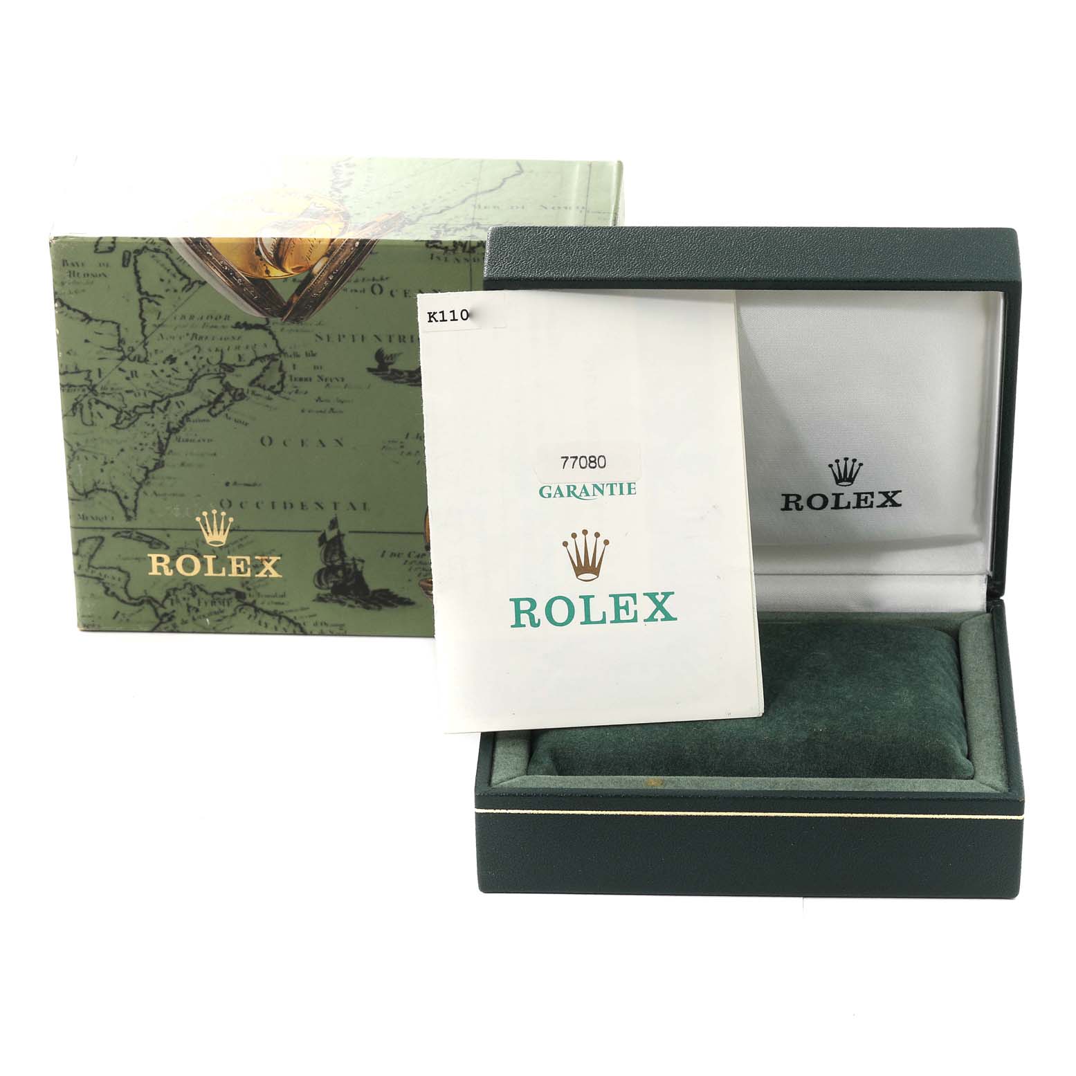 The image shows the packaging and warranty card for a Mid-Size Rolex watch, including an open green box and an outer box with a map design.
