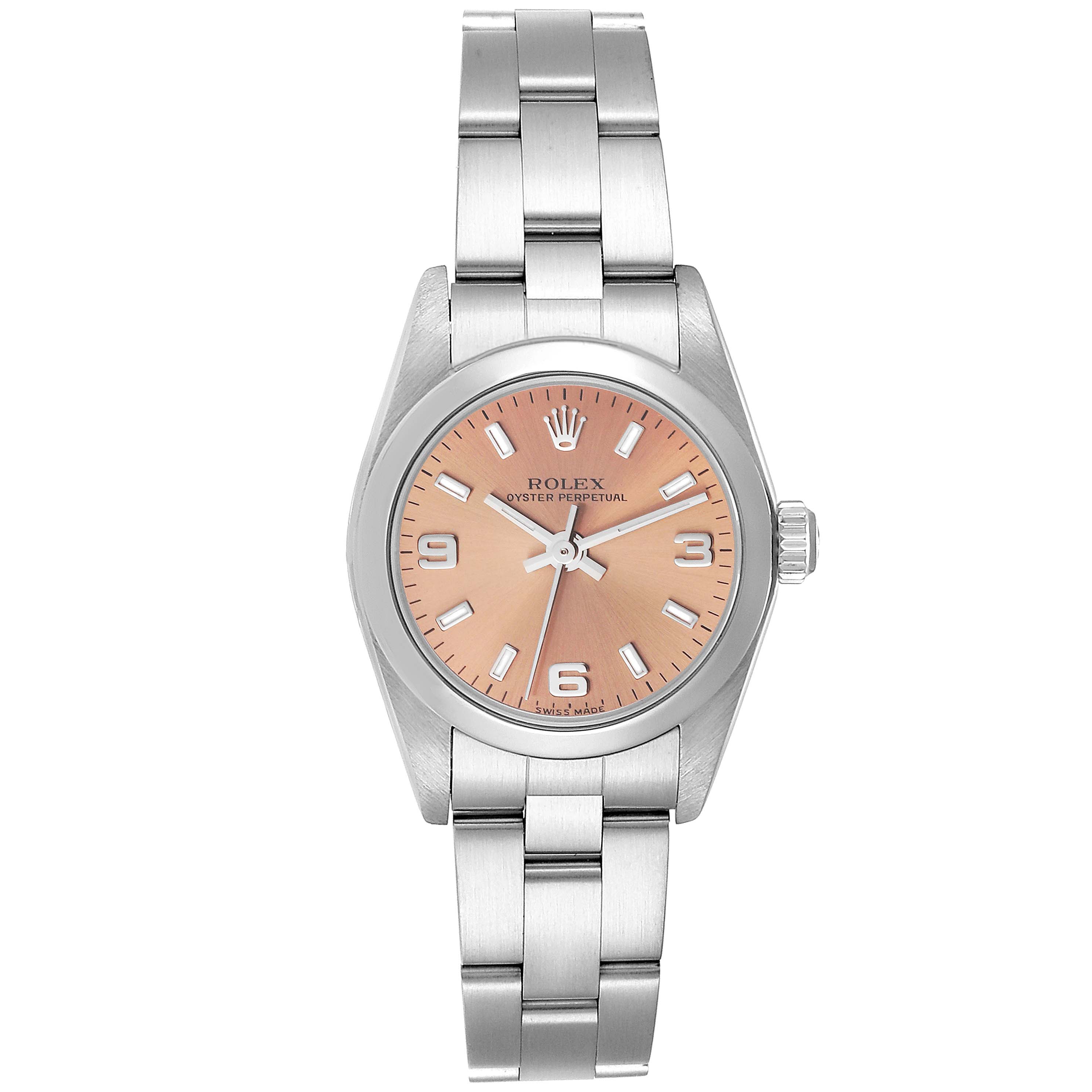 This image shows a Rolex Oyster Perpetual 76080 Women's Stainless Steel Pink Dial 76080 Women's Stainless Steel Pink Dial watch from a top-down view, highlighting the face, bezel, and bracelet.