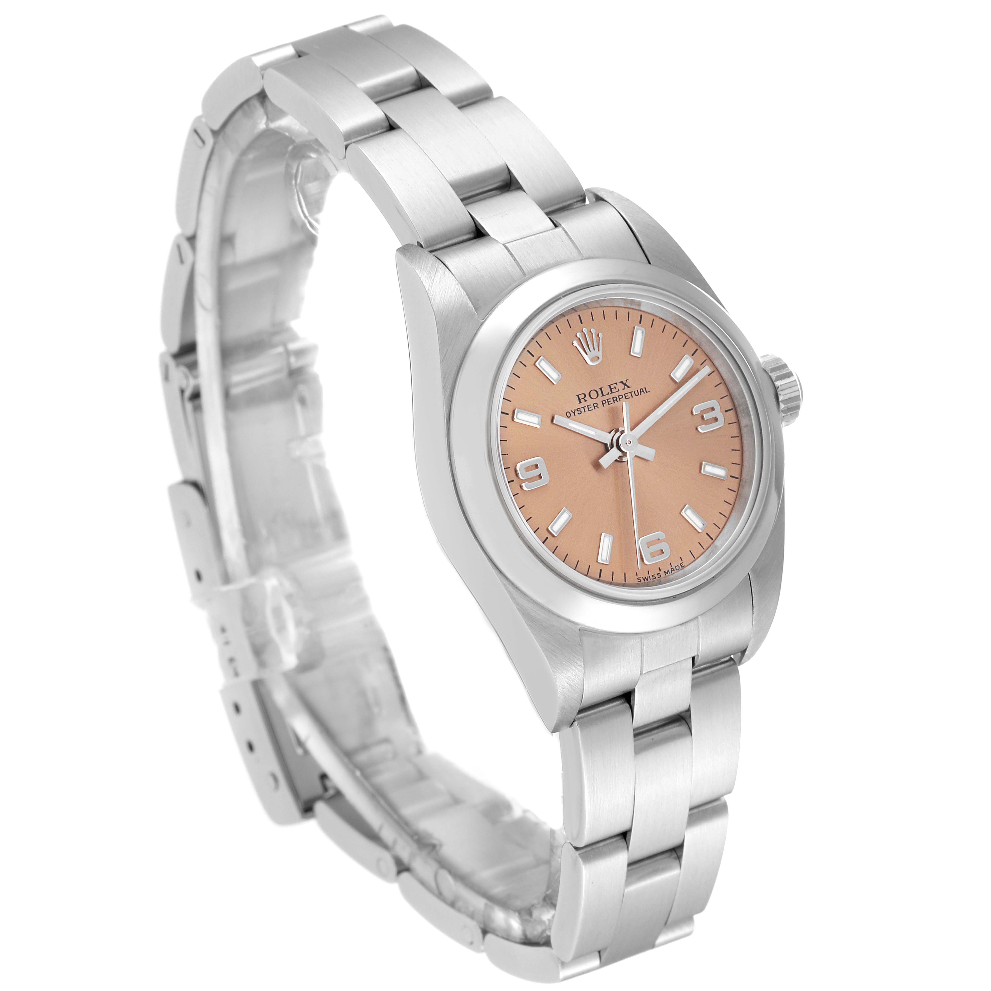 The image shows a Rolex Oyster Perpetual 76080 Women's Stainless Steel Pink Dial 76080 Women's Stainless Steel Pink Dial watch at a slight angle, highlighting its salmon dial, stainless steel bezel, and bracelet.
