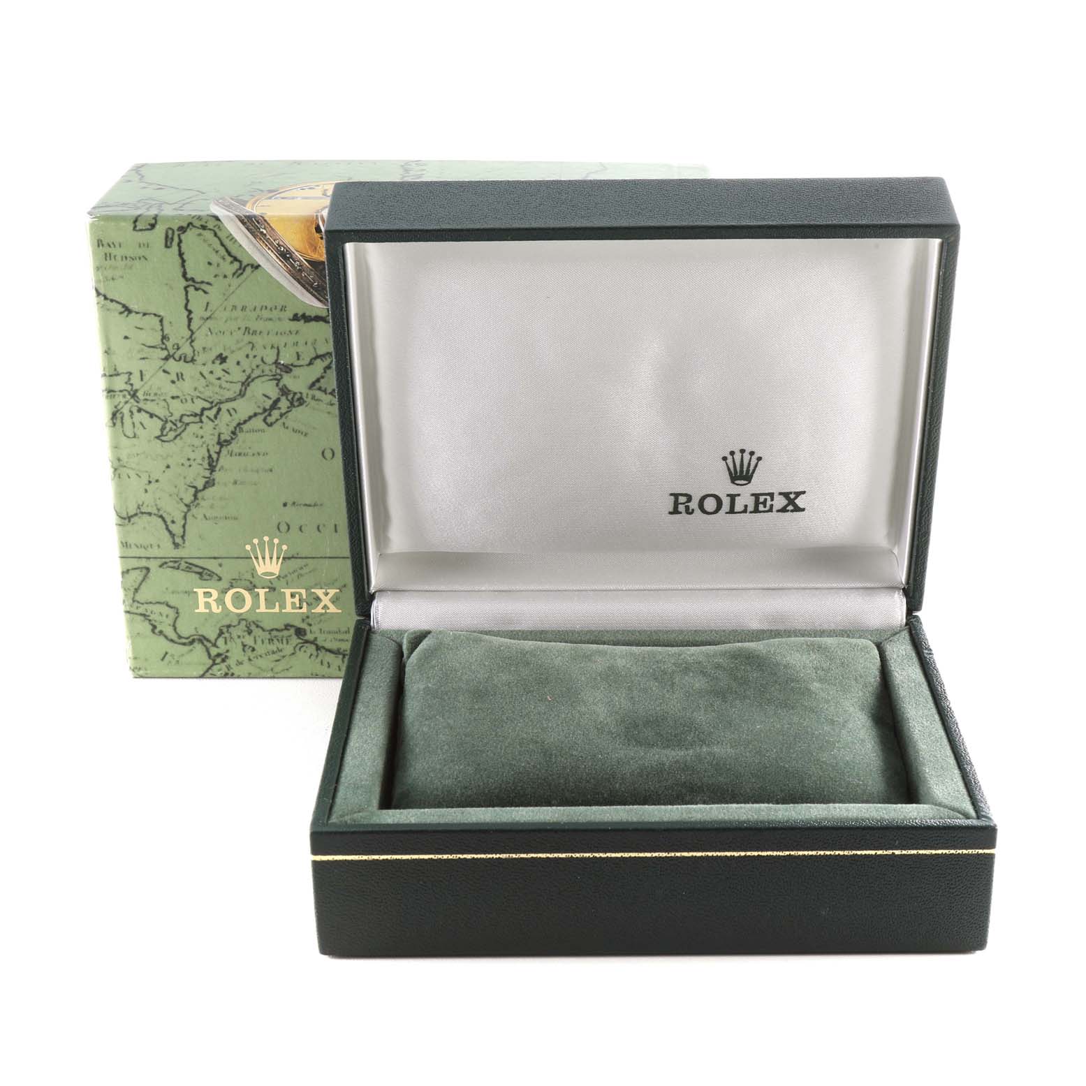 The image shows an open Rolex watch box for the Oyster Perpetual model, with a green cushion and the box lid displaying the Rolex logo.