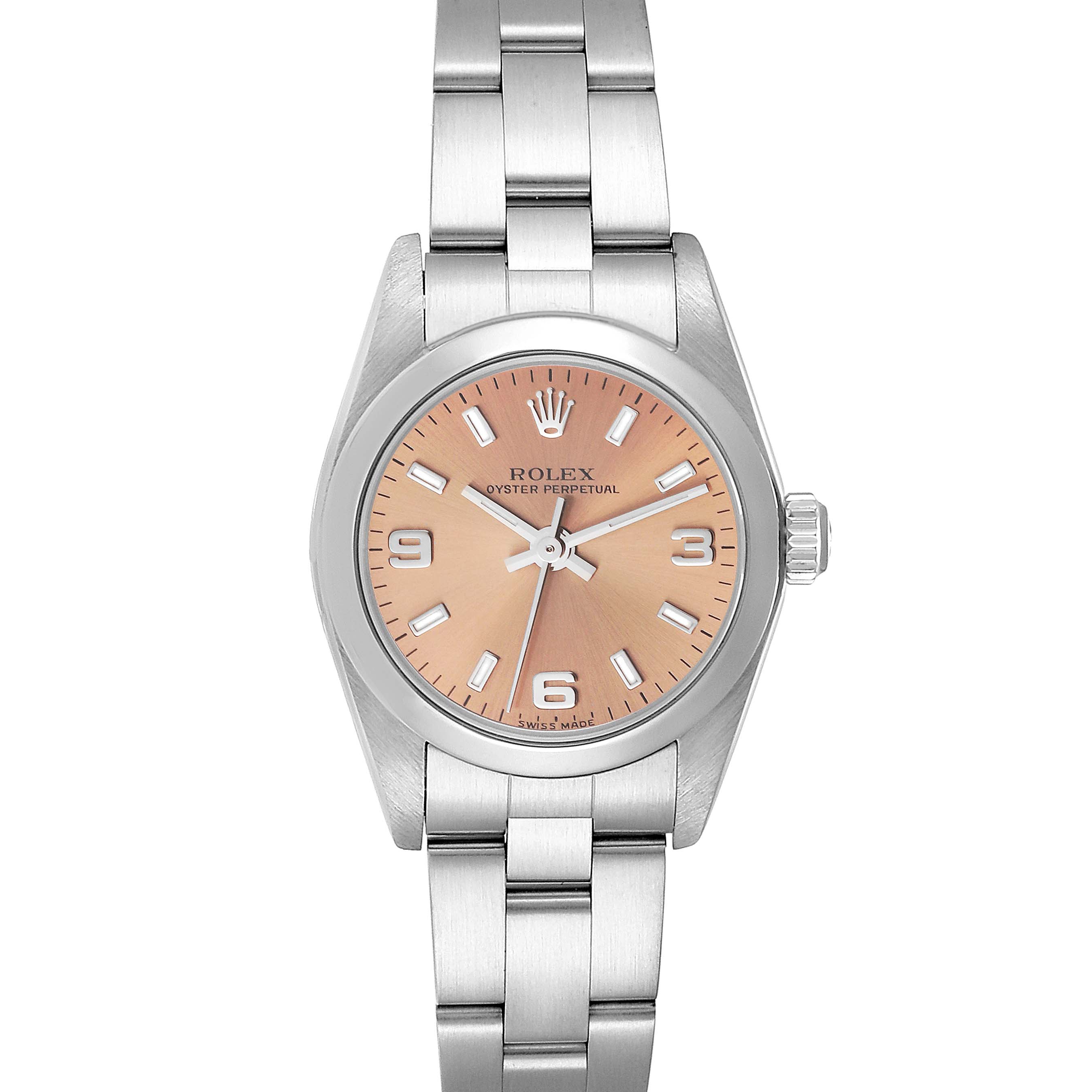 The image shows a front view of a Rolex Oyster Perpetual 76080 Women's Stainless Steel Pink Dial 76080 Women's Stainless Steel Pink Dial watch, highlighting its dial, bracelet, case, and crown.