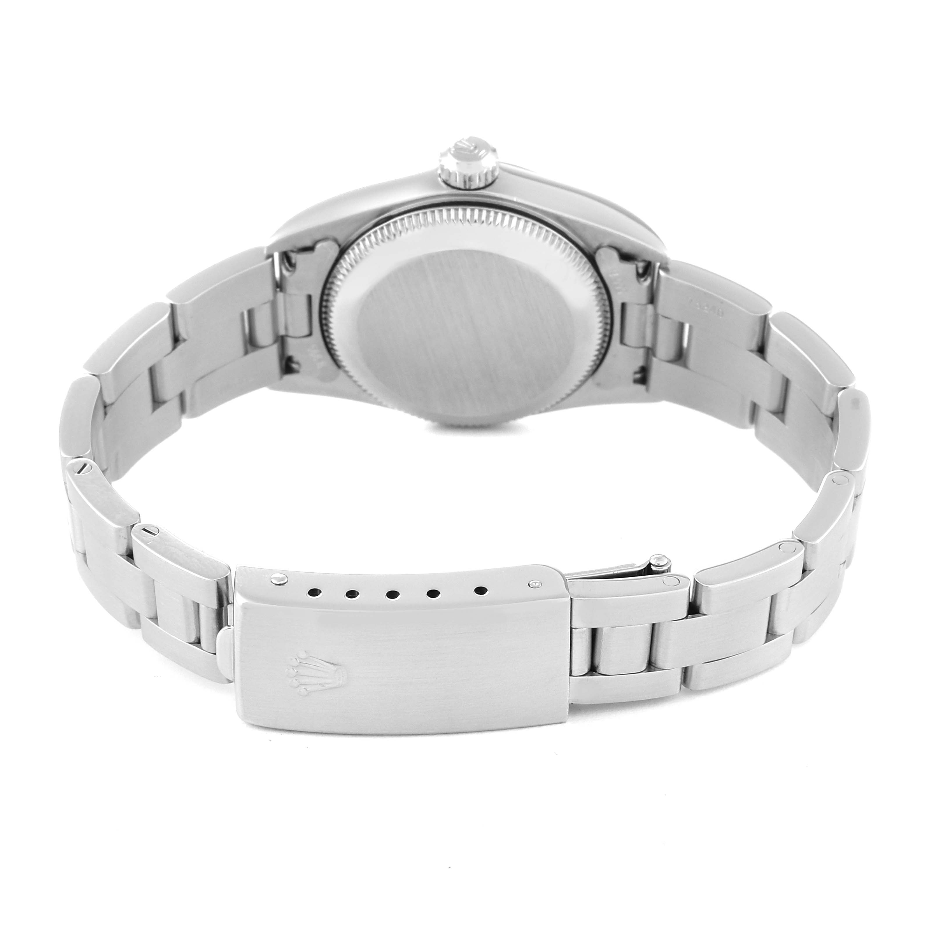 This image shows the back view of a Rolex Oyster Perpetual 76080 Women's Stainless Steel Pink Dial 76080 Women's Stainless Steel Pink Dial watch, highlighting its case back and stainless steel bracelet with a clasp.