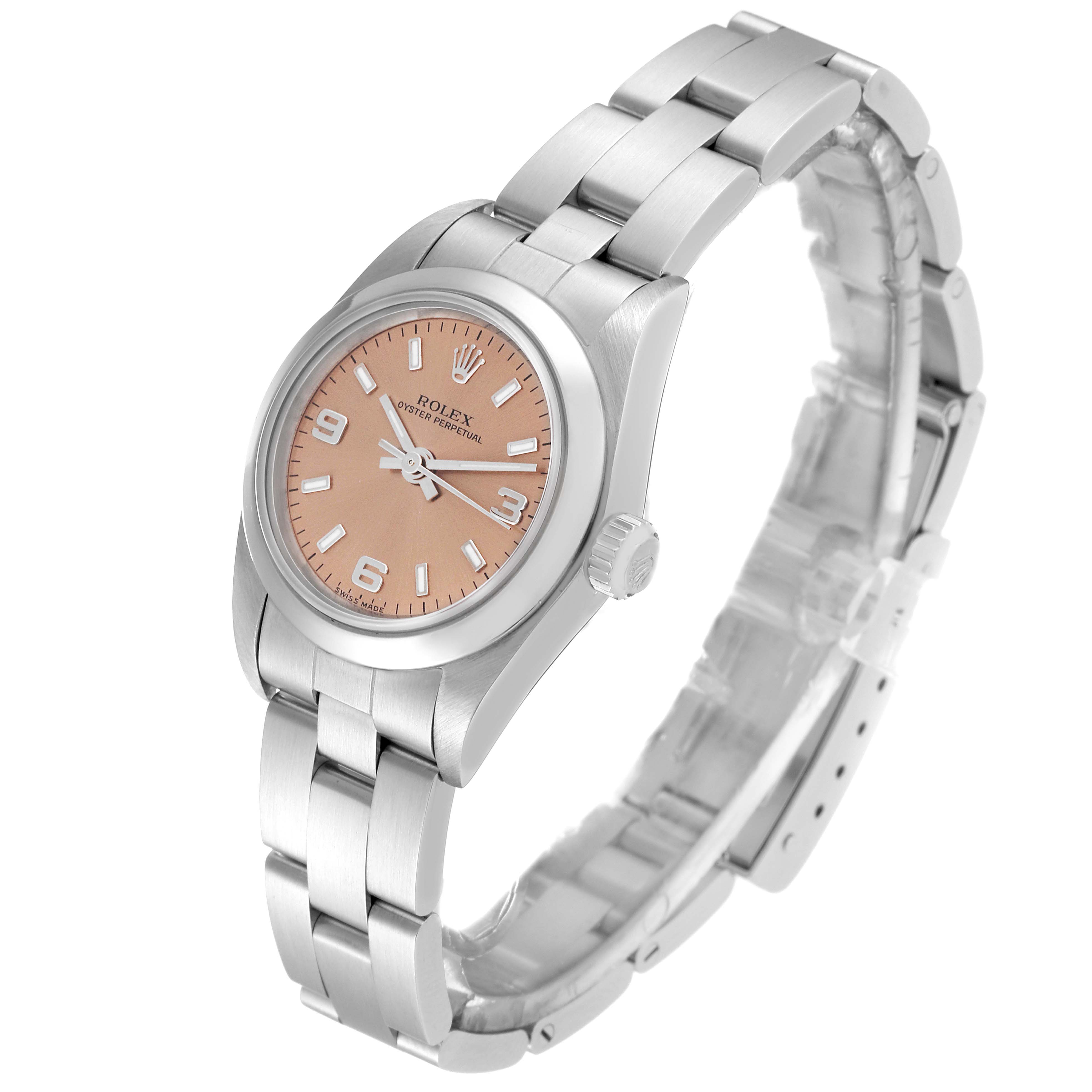 This image shows a Rolex Oyster Perpetual 76080 Women's Stainless Steel Pink Dial 76080 Women's Stainless Steel Pink Dial watch at an angle highlighting the face, bezel, and bracelet.