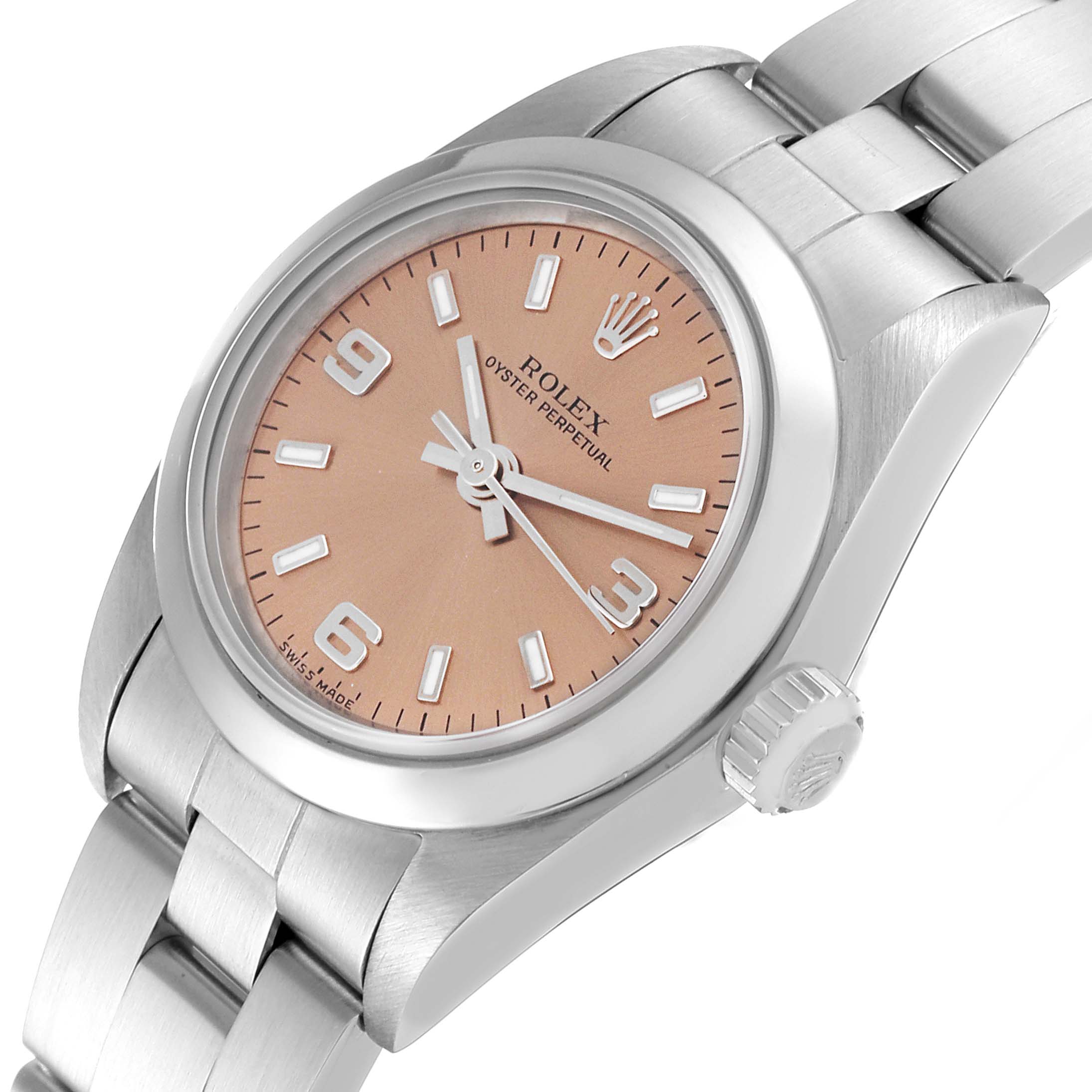 The image shows a close-up of a Rolex Oyster Perpetual 76080 Women's Stainless Steel Pink Dial 76080 Women's Stainless Steel Pink Dial watch, displaying the dial, case, crown, and part of the bracelet.