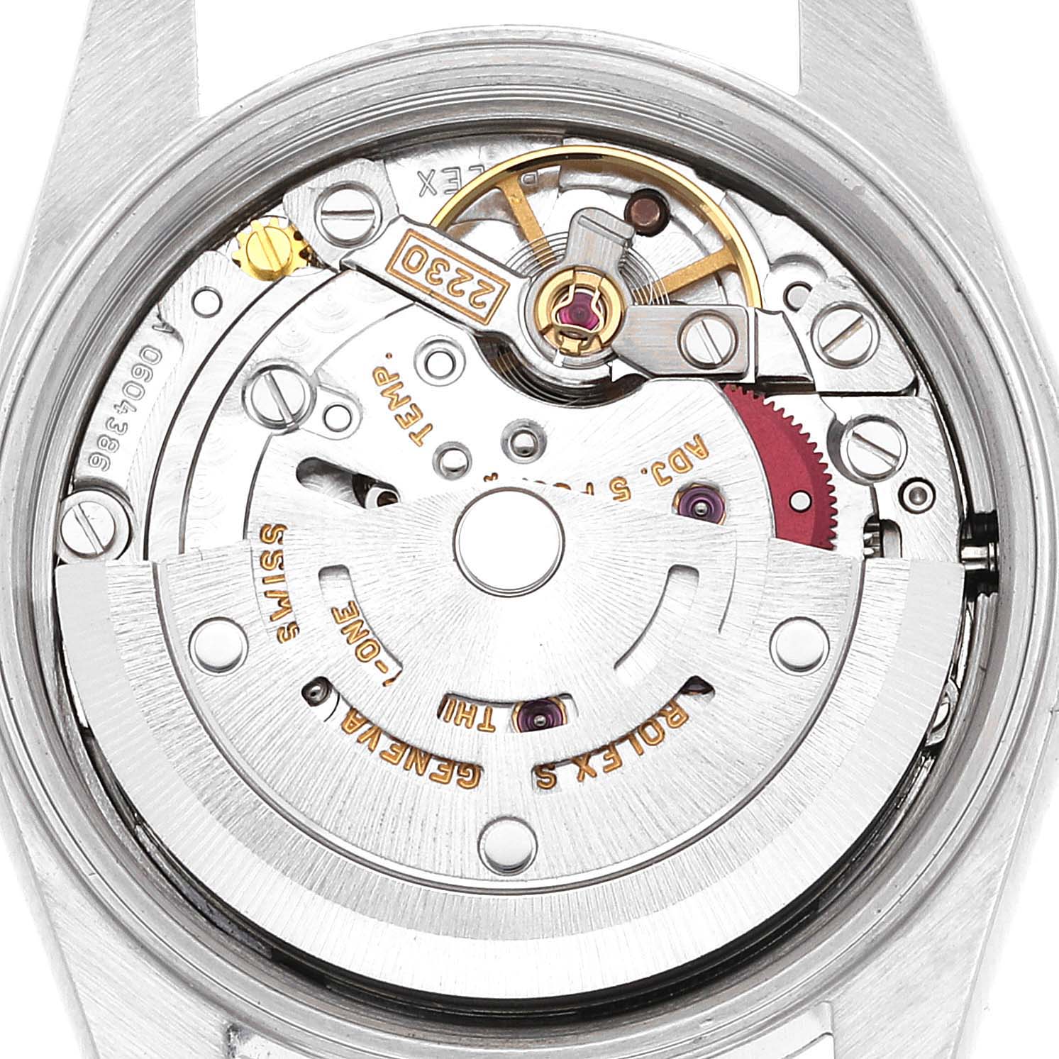 The image shows the internal mechanism of the Rolex Oyster Perpetual 76080 Women's Stainless Steel Pink Dial 76080 Women's Stainless Steel Pink Dial watch from a top-down angle.