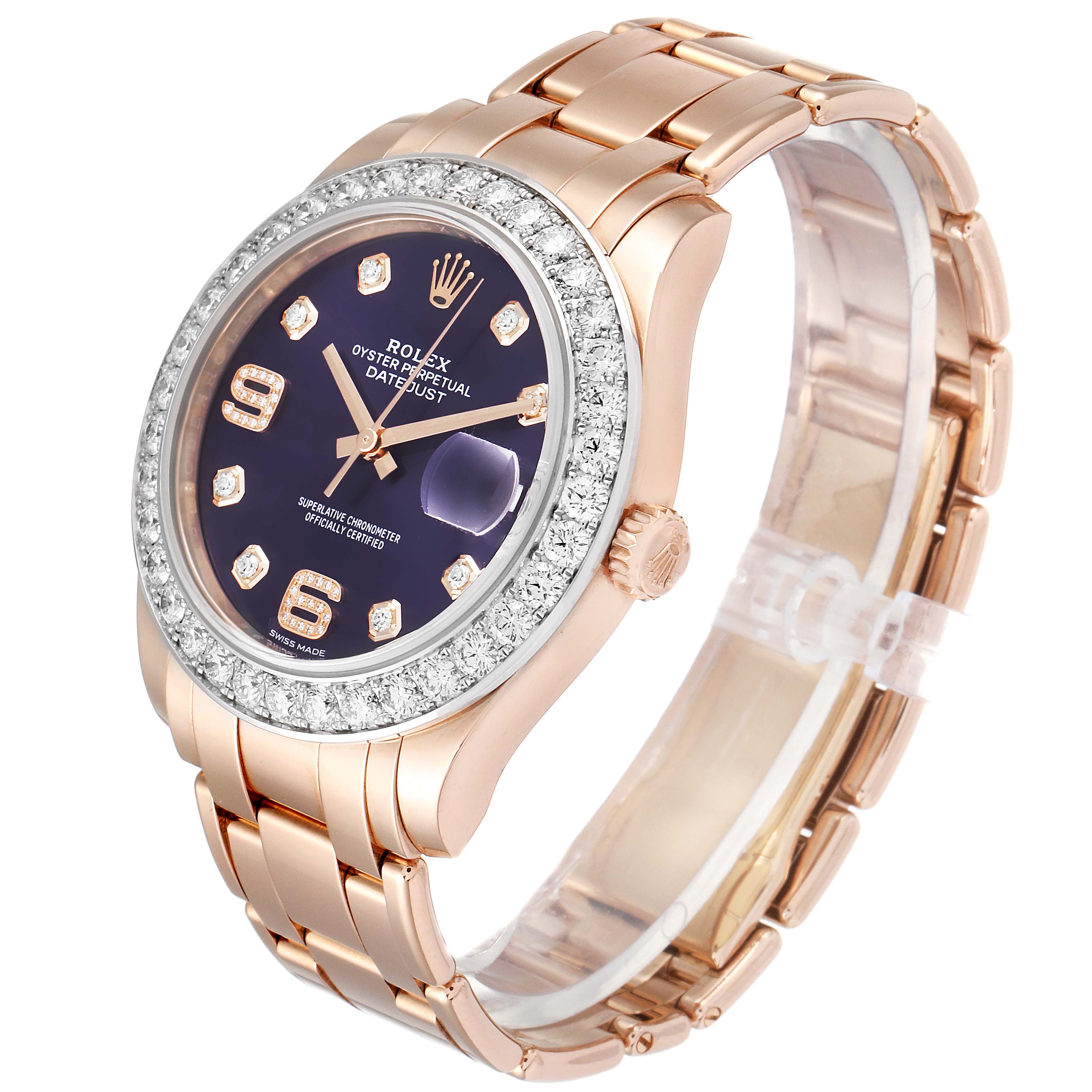 The Rolex Pearlmaster 86285 Men's Rose Gold Blue Dial 86285 Men's Rose Gold Blue Dial watch is shown at a three-quarter angle, highlighting the face, bezel, and part of the bracelet.