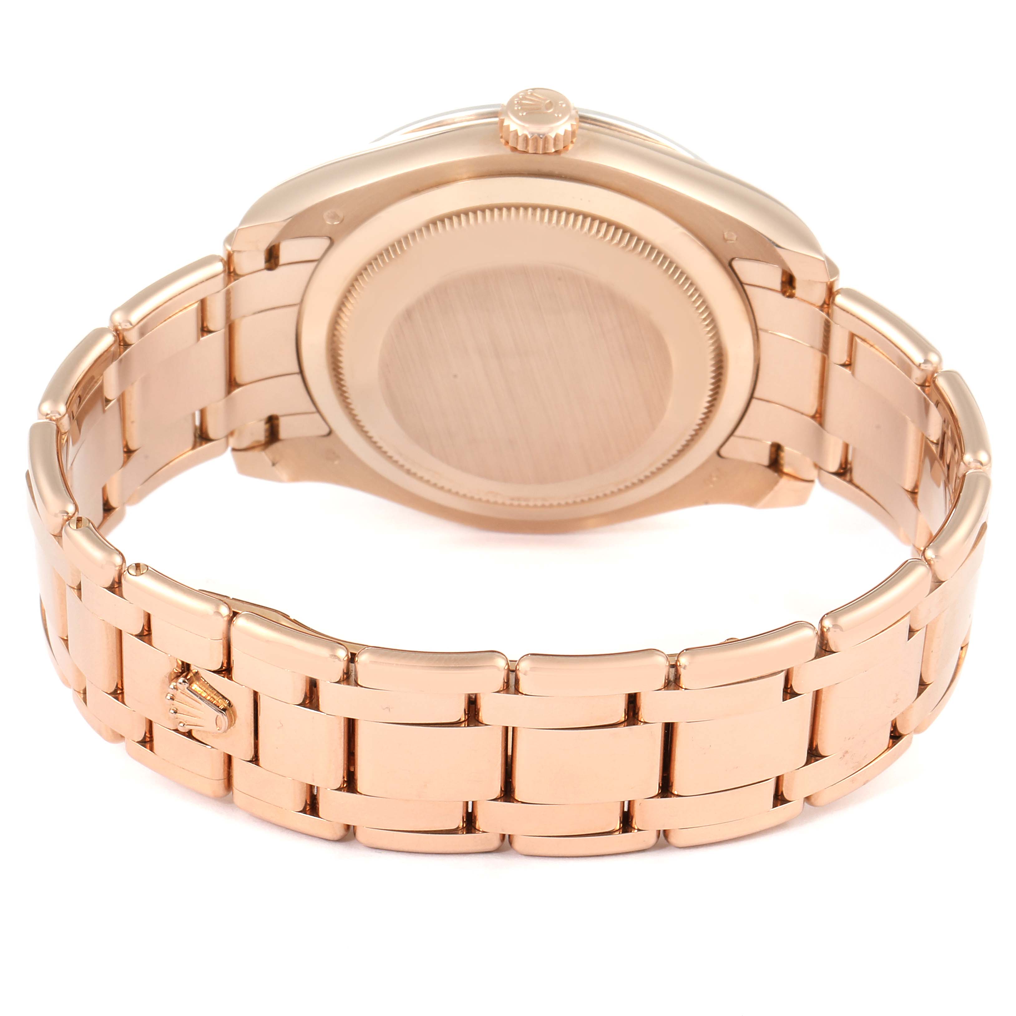 The image shows the case back and bracelet of a Rolex Pearlmaster 86285 Men's Rose Gold Blue Dial 86285 Men's Rose Gold Blue Dial watch at a rear angle.