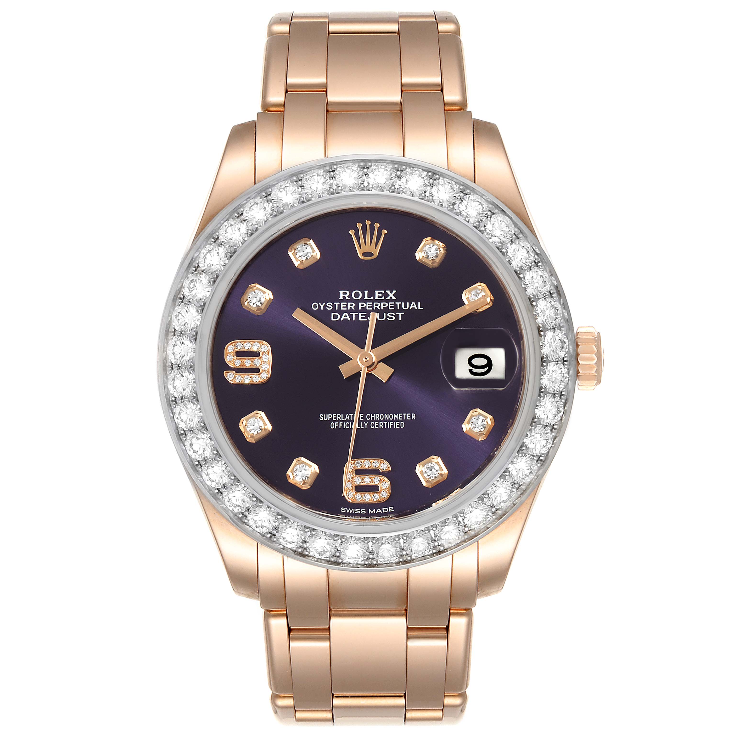 This image shows a front view of a Rolex Pearlmaster 86285 Men's Rose Gold Blue Dial 86285 Men's Rose Gold Blue Dial watch, displaying its face, bezel, crown, and bracelet.