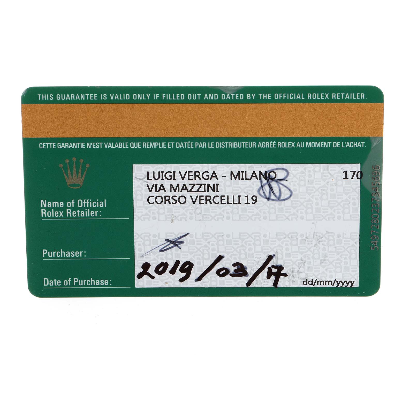 The image shows a warranty card for a Rolex Pearlmaster 86285 Men's Rose Gold Blue Dial 86285 Men's Rose Gold Blue Dial watch with the purchase date, retailer details, and official branding.