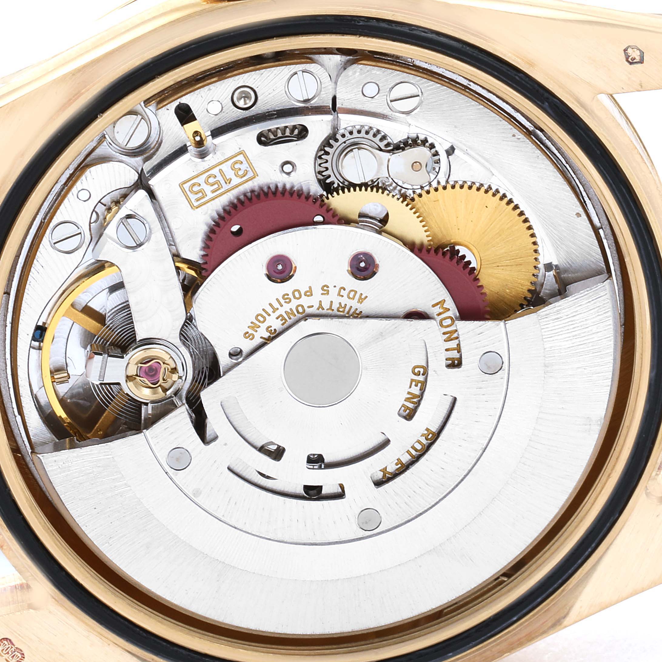 This image shows the internal mechanical movement of a Rolex President 118238 Men's Yellow Gold Champagne Dial 118238 Men's Yellow Gold Champagne Dial model watch from a close-up angle.