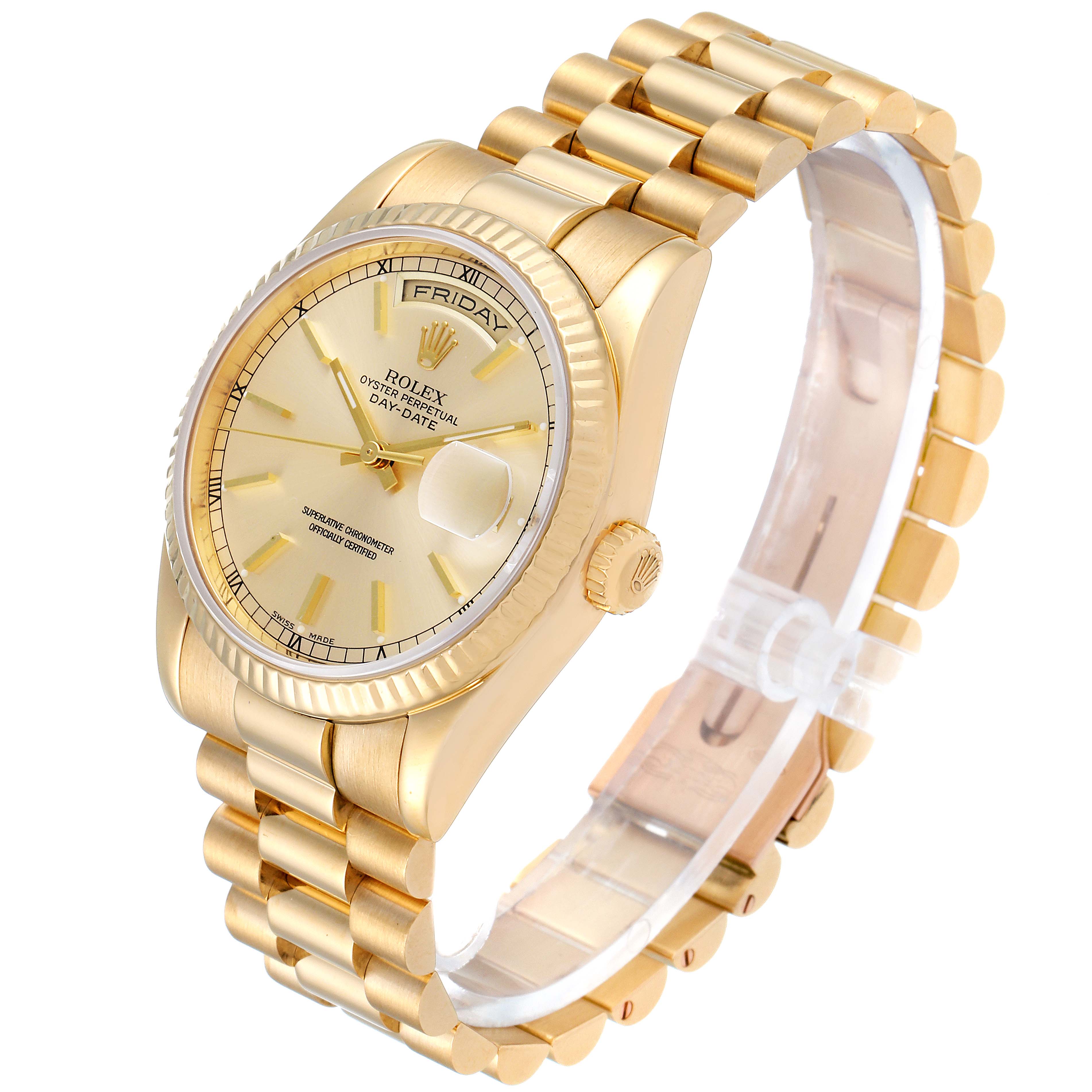 The Rolex President 118238 Men's Yellow Gold Champagne Dial 118238 Men's Yellow Gold Champagne Dial model watch is shown at an angle highlighting the face, bezel, crown, and bracelet.
