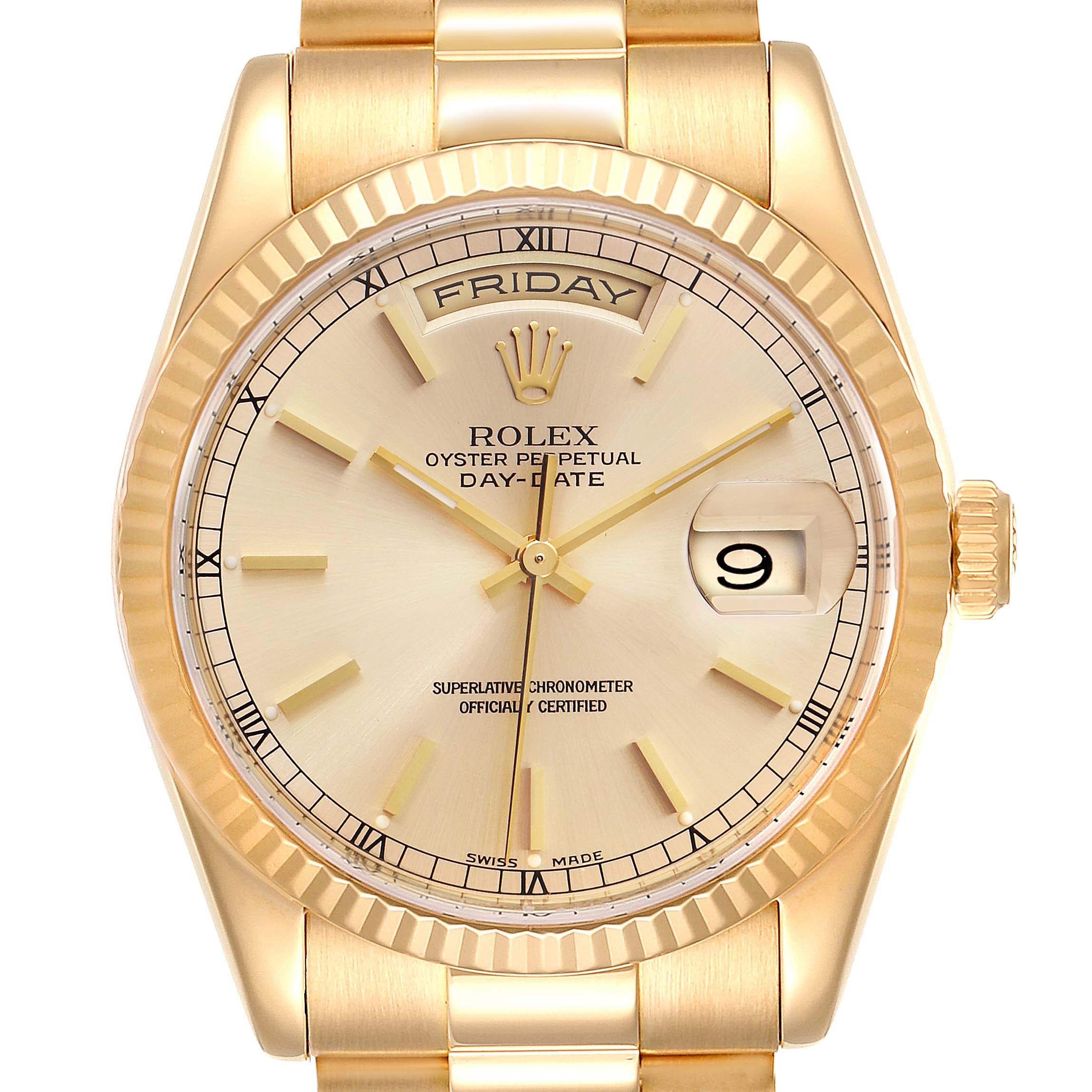 This image shows a front view of a Rolex President 118238 Men's Yellow Gold Champagne Dial 118238 Men's Yellow Gold Champagne Dial model watch, highlighting its gold case, dial, day and date windows, and bezel.