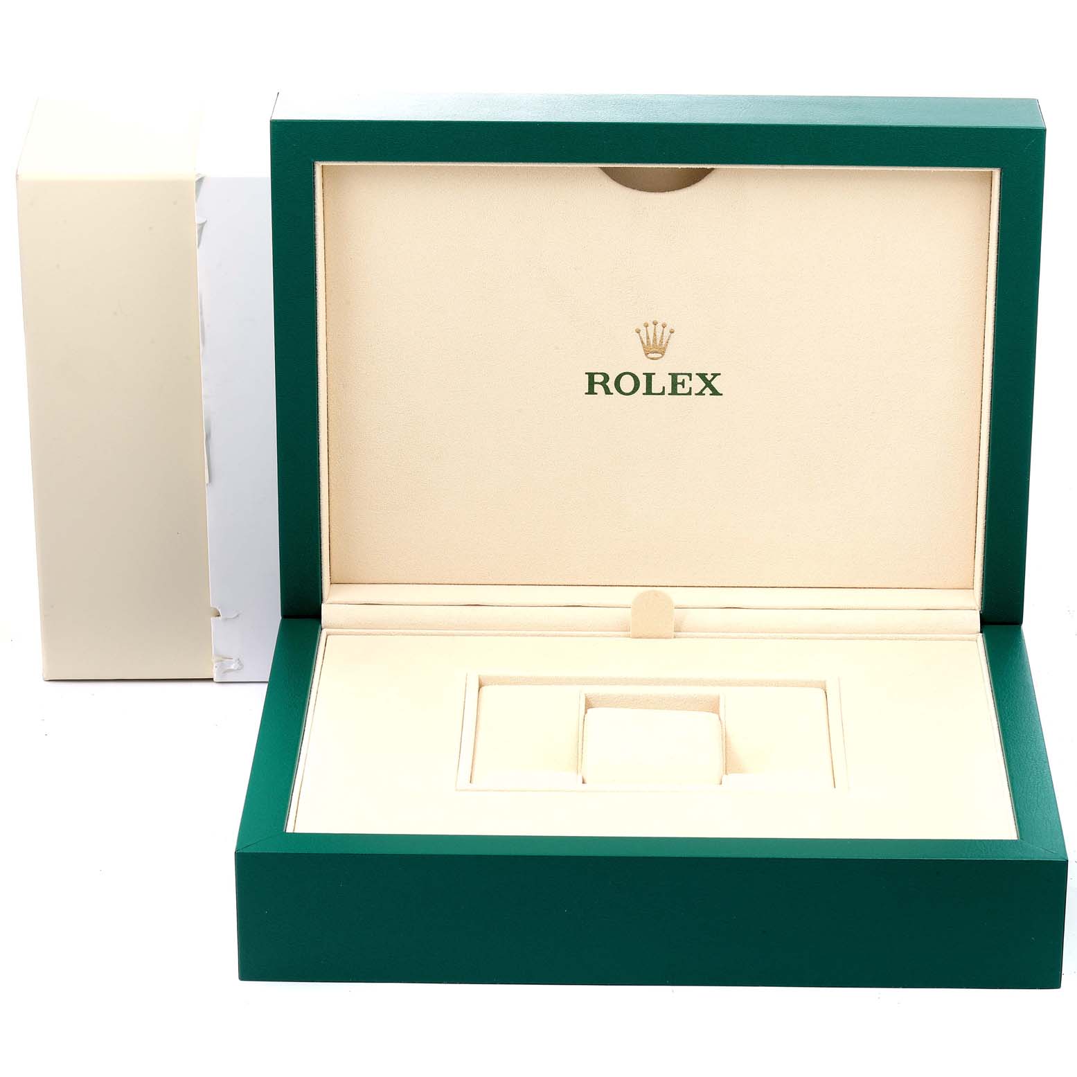 This image shows an open Rolex President 118238 Men's Yellow Gold Champagne Dial 118238 Men's Yellow Gold Champagne Dial model watch box from a front angle, with the Rolex logo inside.