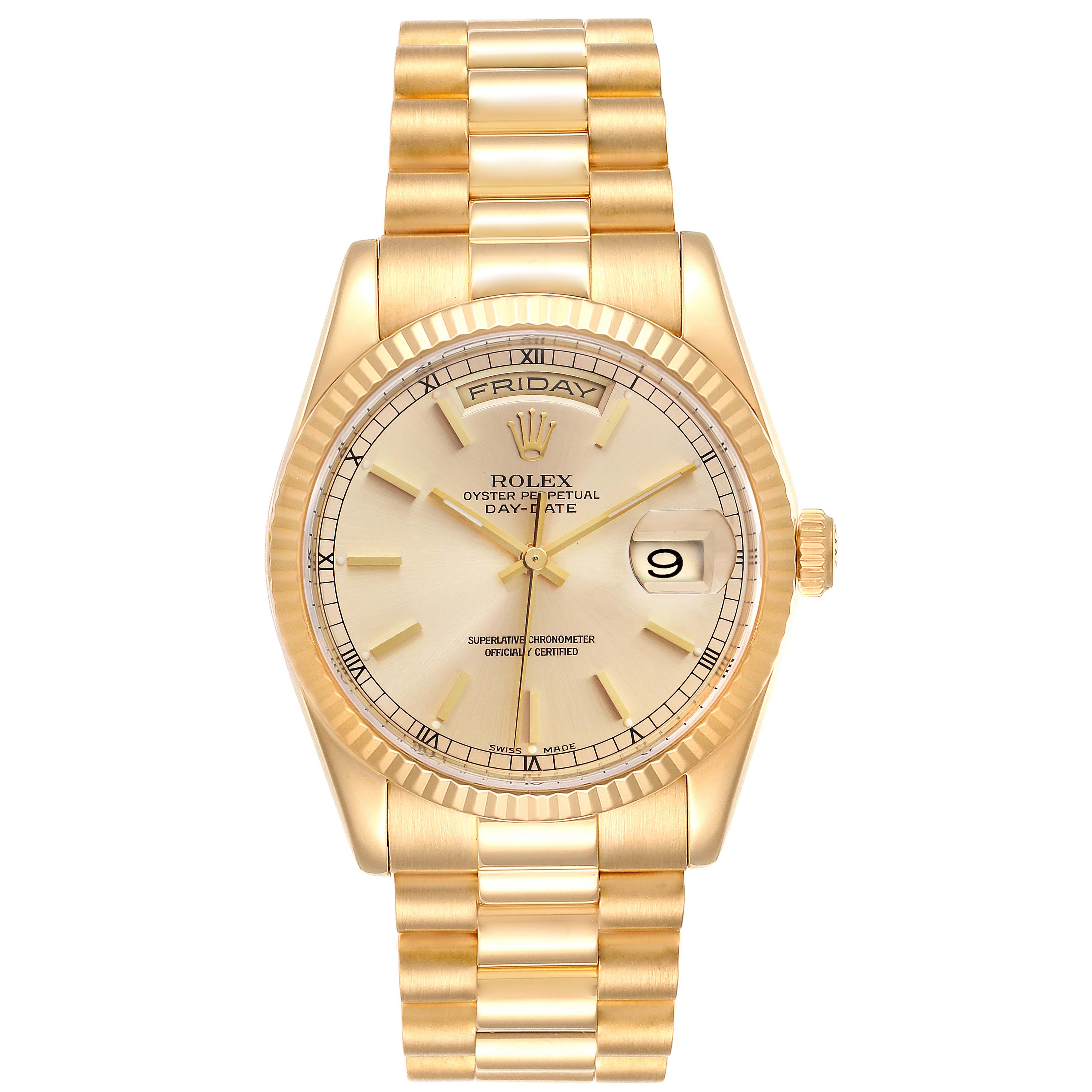 The Rolex President 118238 Men's Yellow Gold Champagne Dial 118238 Men's Yellow Gold Champagne Dial model watch is shown from a straight-on angle, displaying its dial, hands, date, day window, and bracelet.