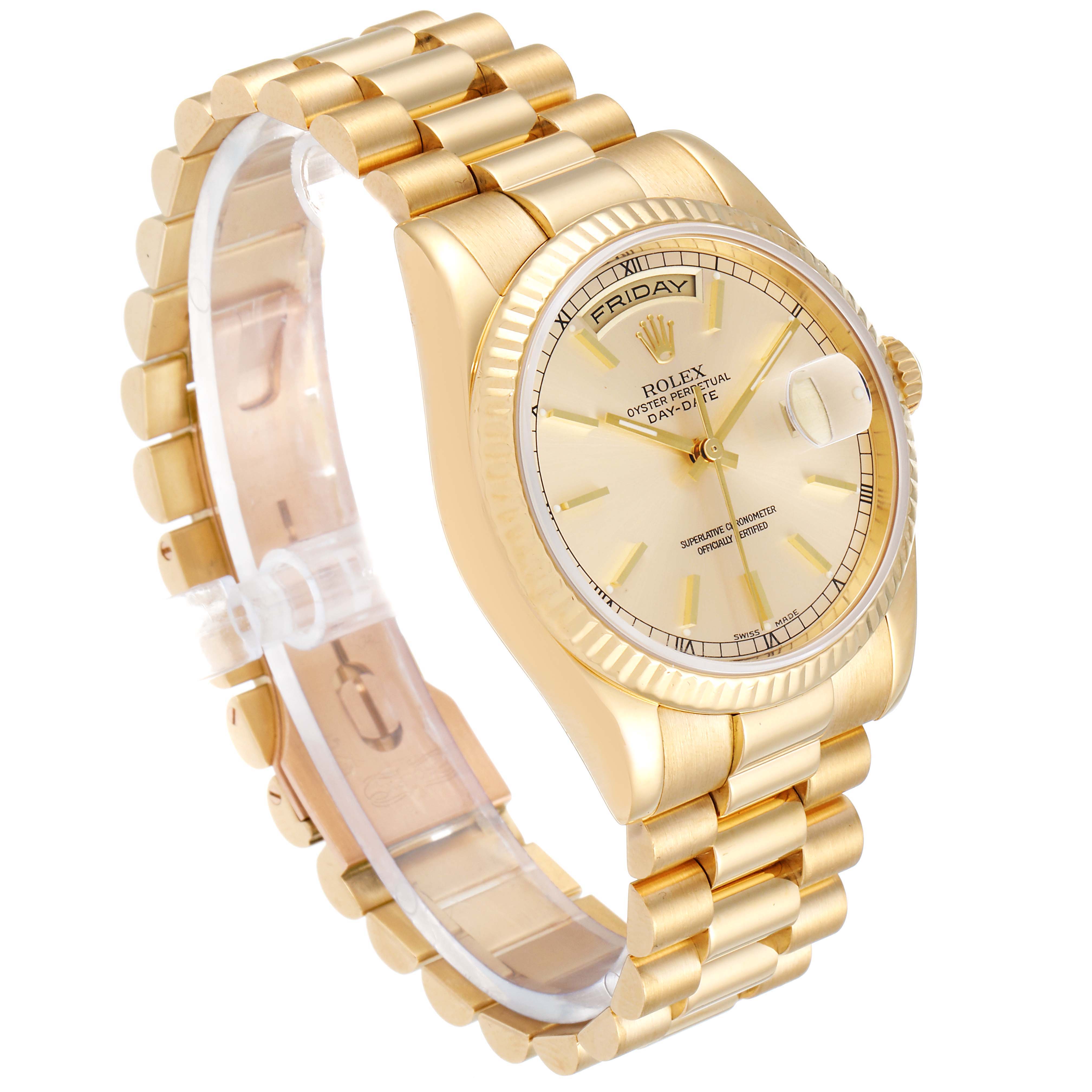 The image shows a Rolex President 118238 Men's Yellow Gold Champagne Dial 118238 Men's Yellow Gold Champagne Dial model watch at an angled top-down view, highlighting its gold bracelet and dial.