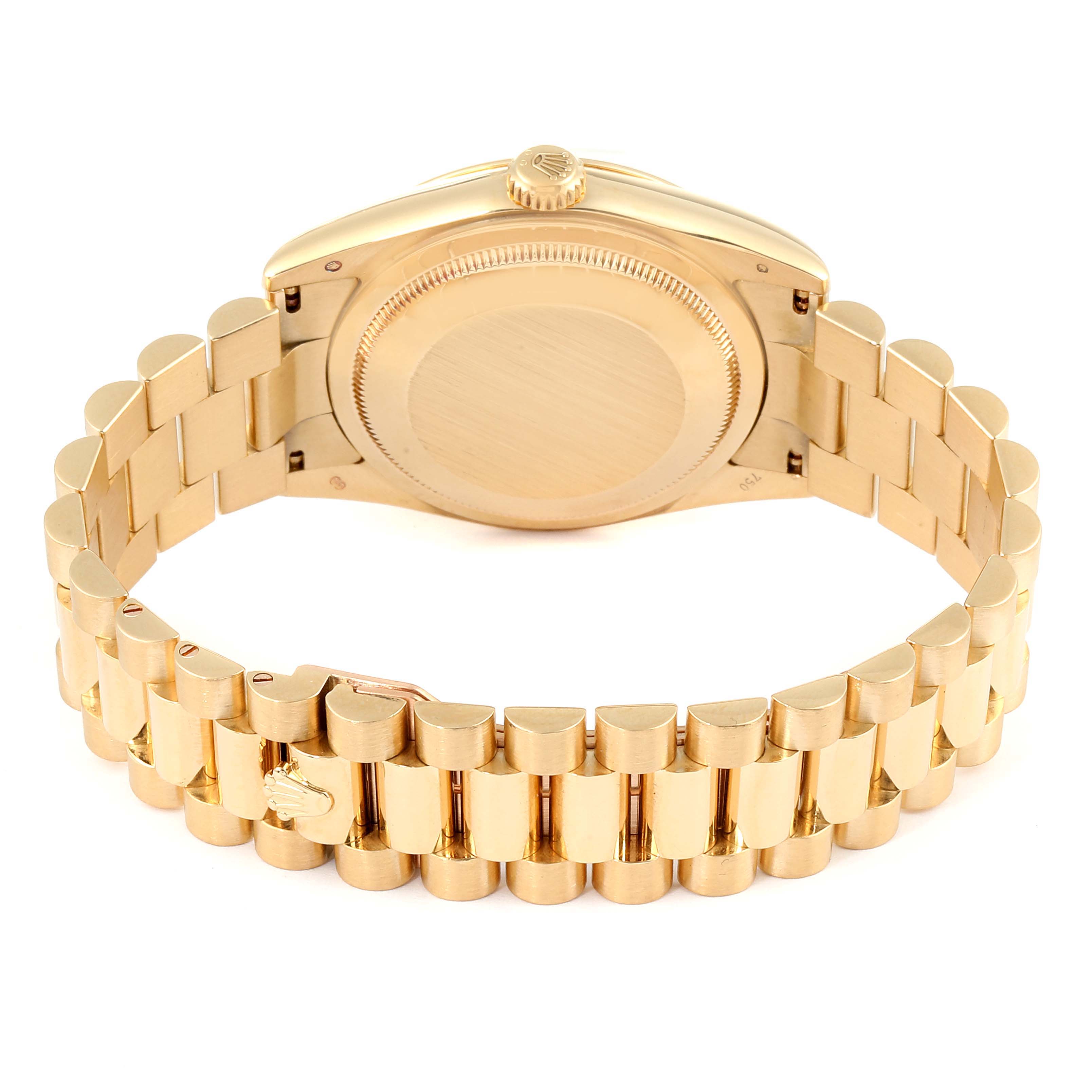 The image shows the back case and bracelet of a Rolex President 118238 Men's Yellow Gold Champagne Dial 118238 Men's Yellow Gold Champagne Dial model watch at a rear angle.