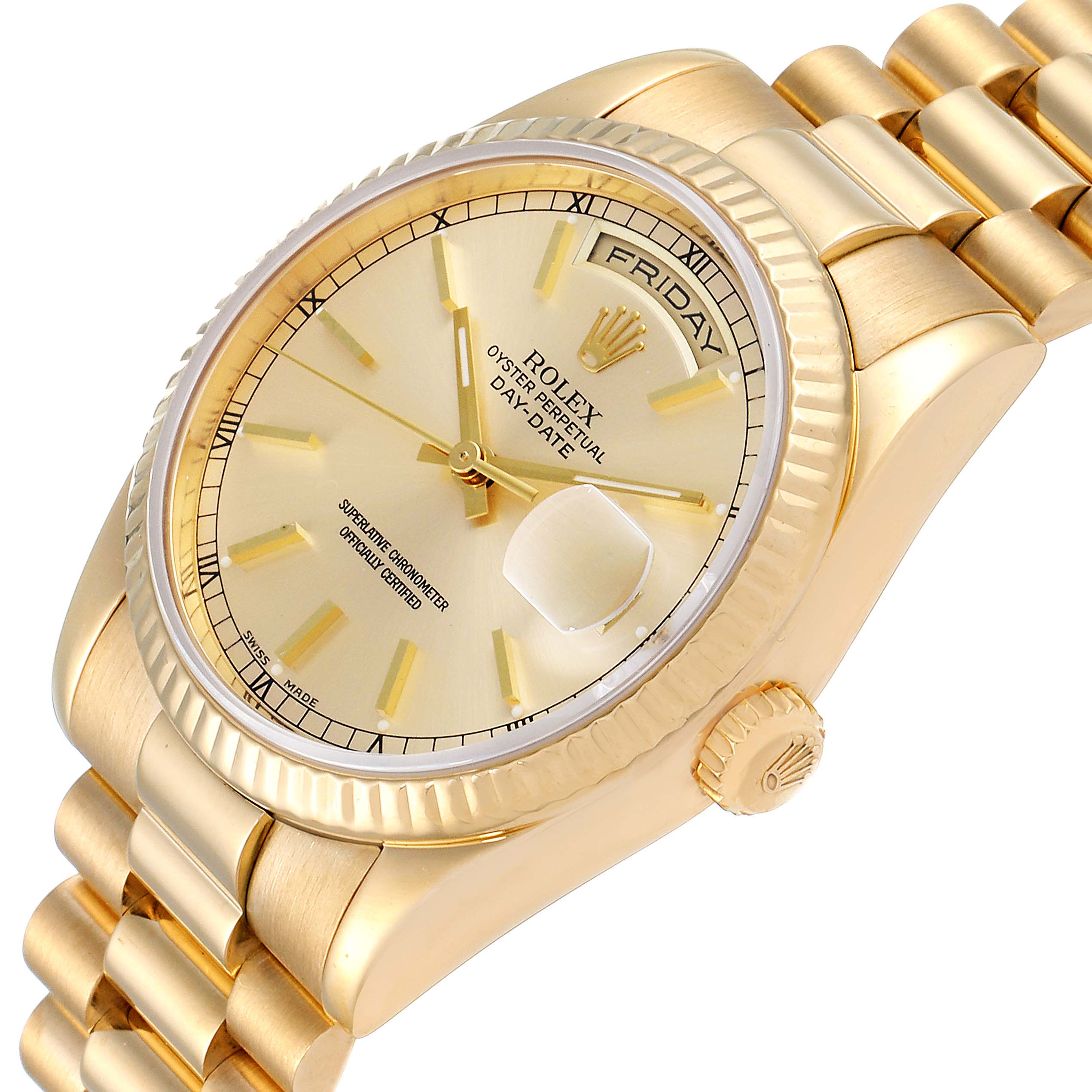This Rolex President 118238 Men's Yellow Gold Champagne Dial 118238 Men's Yellow Gold Champagne Dial model watch is shown at an angled close-up, displaying the face, crown, and partial bracelet.