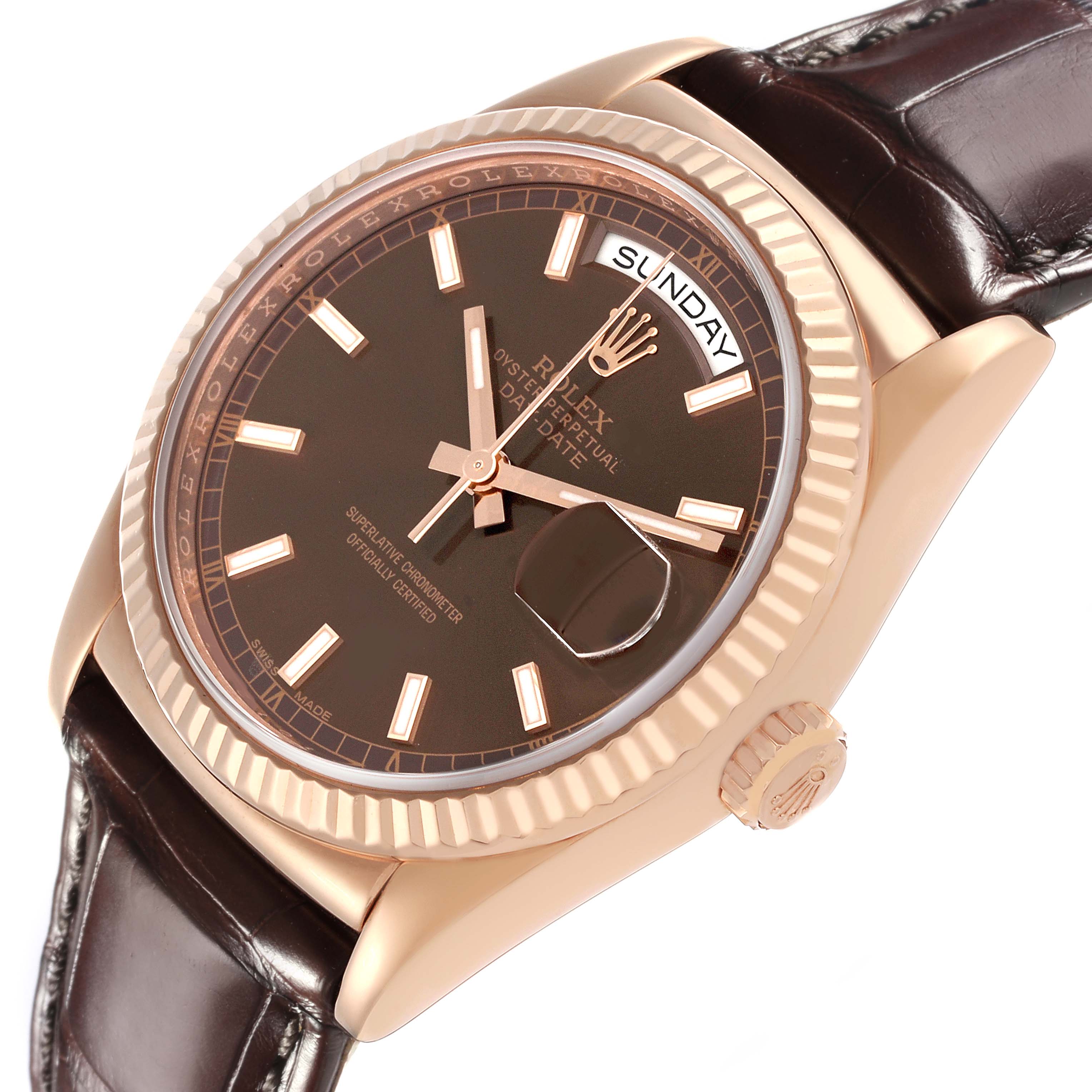 The Rolex President 118135 Men
s Rose Gold Brown Dial 118135 Men
s Rose Gold Brown Dial model watch is shown at a slight angle, featuring the bezel, crown, dial, and leather strap.
