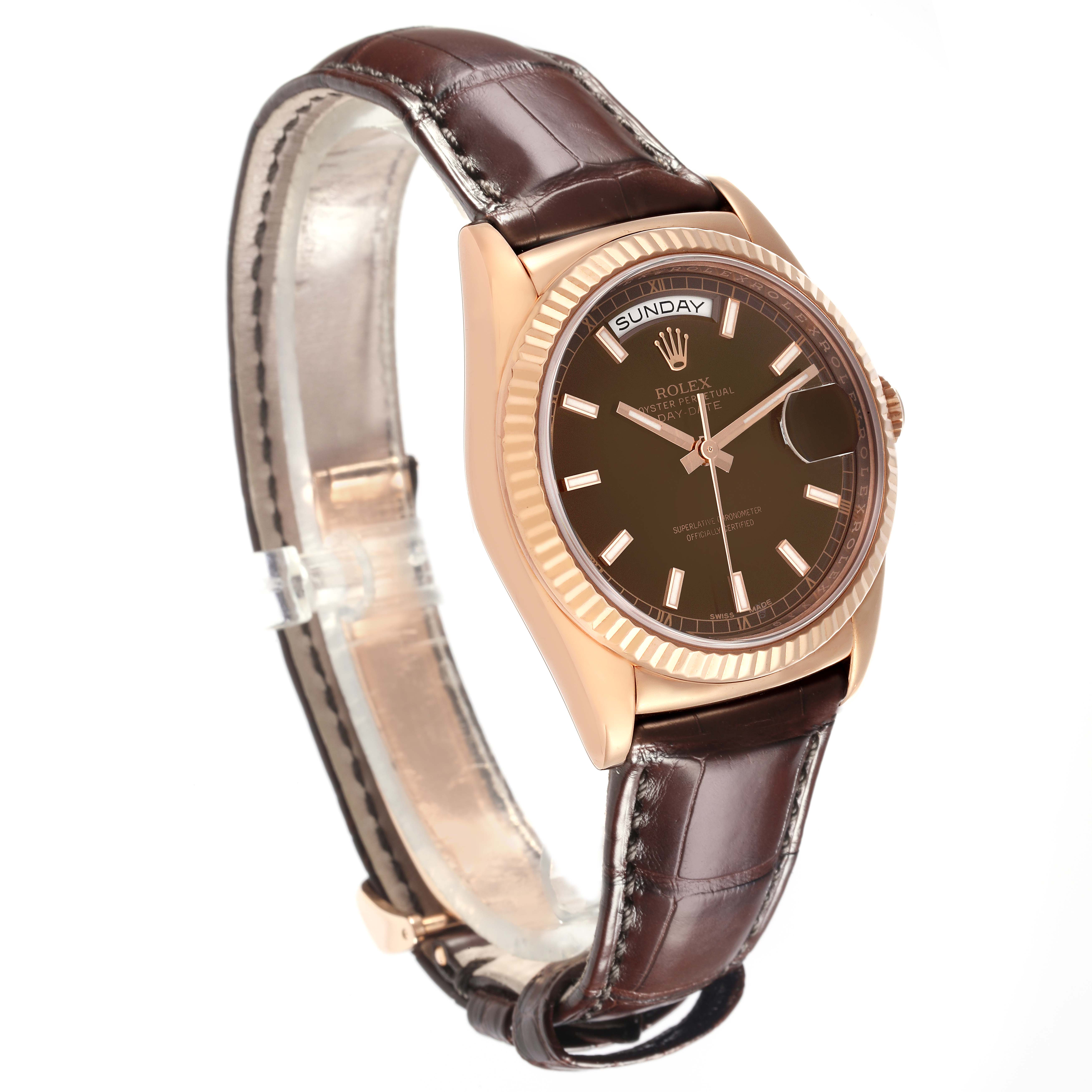 The Rolex President 118135 Men
s Rose Gold Brown Dial 118135 Men
s Rose Gold Brown Dial model watch is shown at an angle highlighting the dial, bezel, and leather strap.