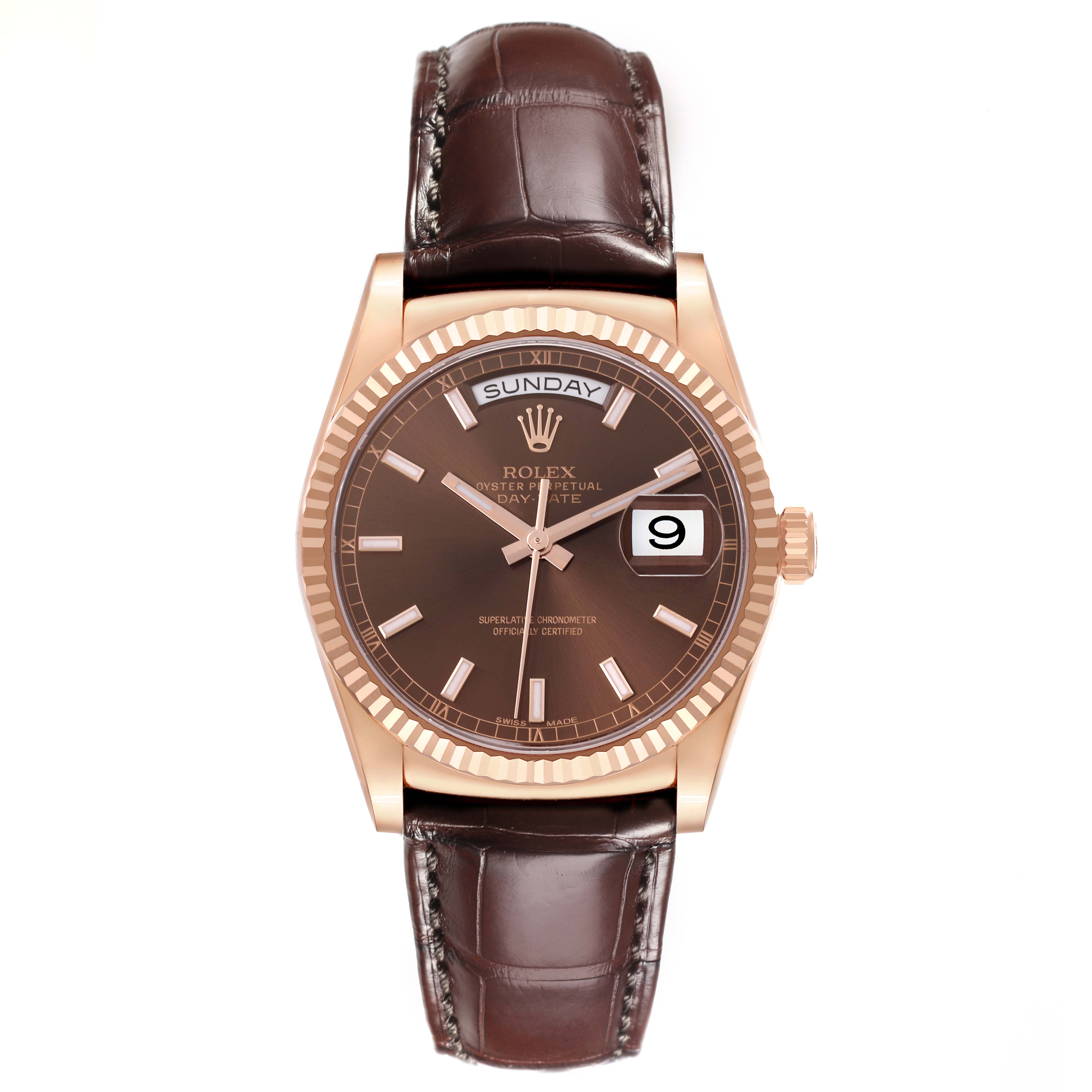 The Rolex President 118135 Men
s Rose Gold Brown Dial 118135 Men
s Rose Gold Brown Dial model is shown from a front angle highlighting the dial, bezel, crown, and leather strap.