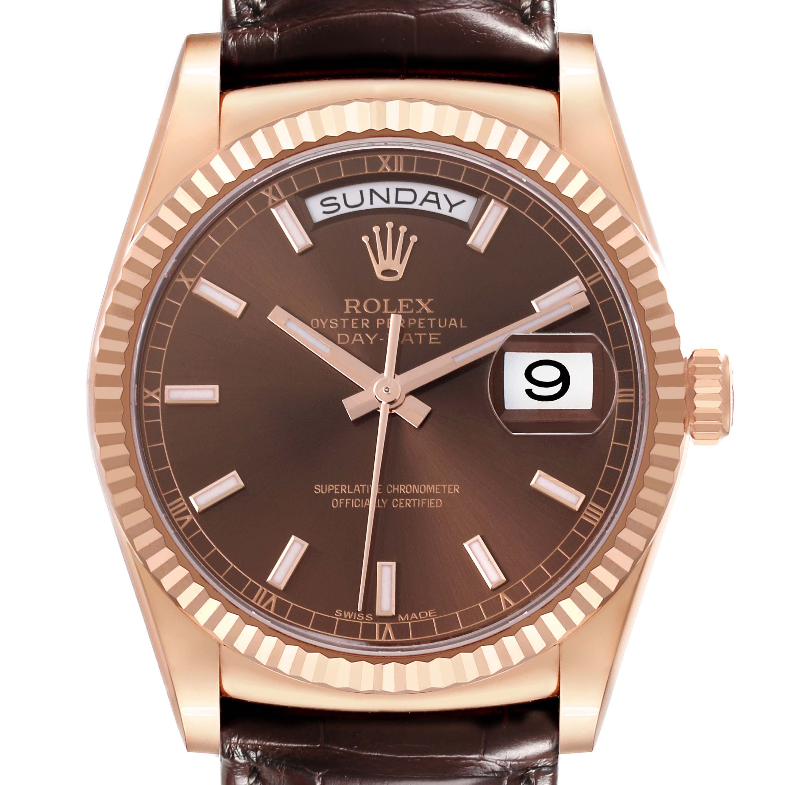 The Rolex President 118135 Men
s Rose Gold Brown Dial 118135 Men
s Rose Gold Brown Dial model watch is shown from the front, displaying the dial, bezel, and part of the strap.