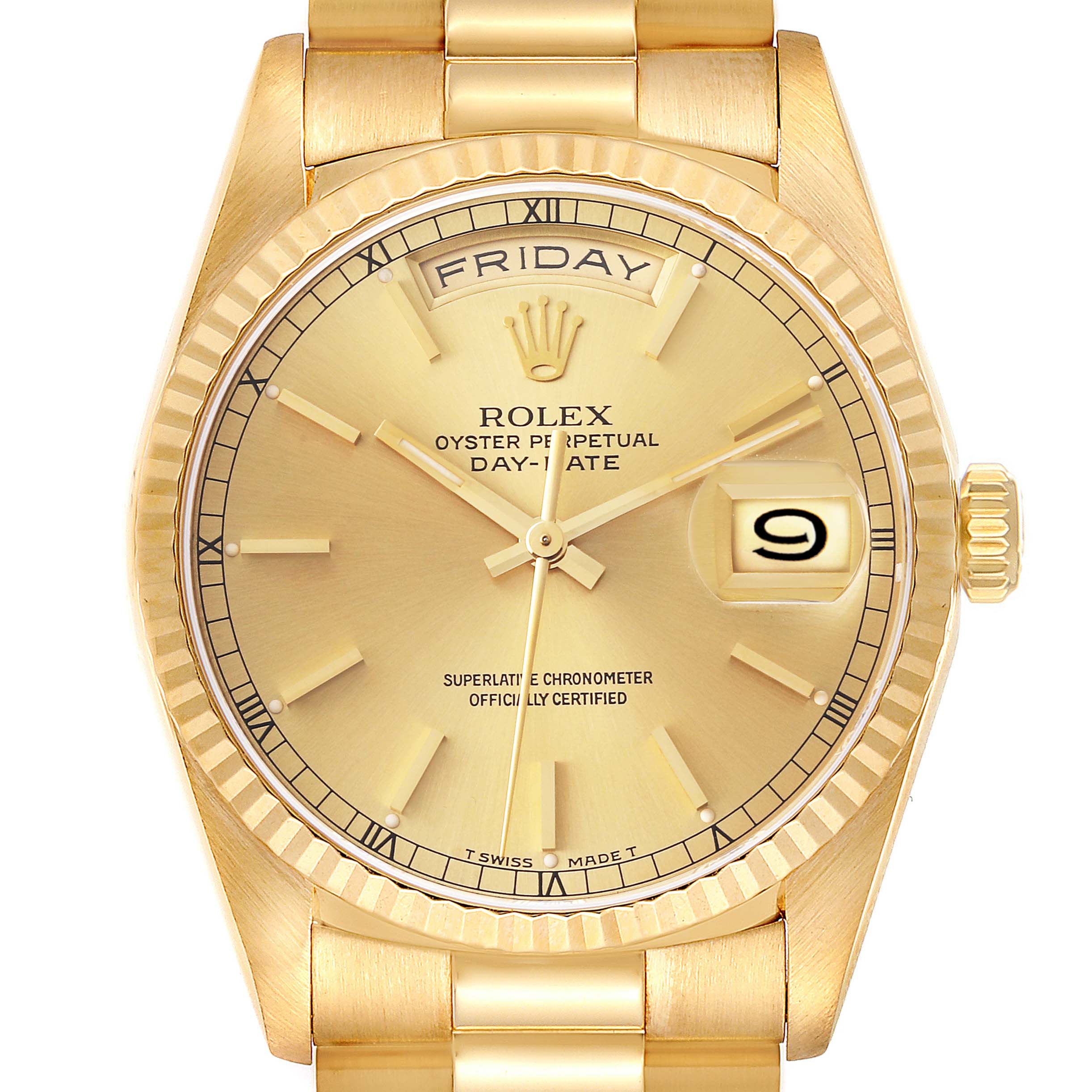 The image shows a frontal view of a Rolex President 18238 Men's Yellow Gold Champagne Dial 18238 Men's Yellow Gold Champagne Dial model watch, highlighting its golden dial, bezel, and bracelet.