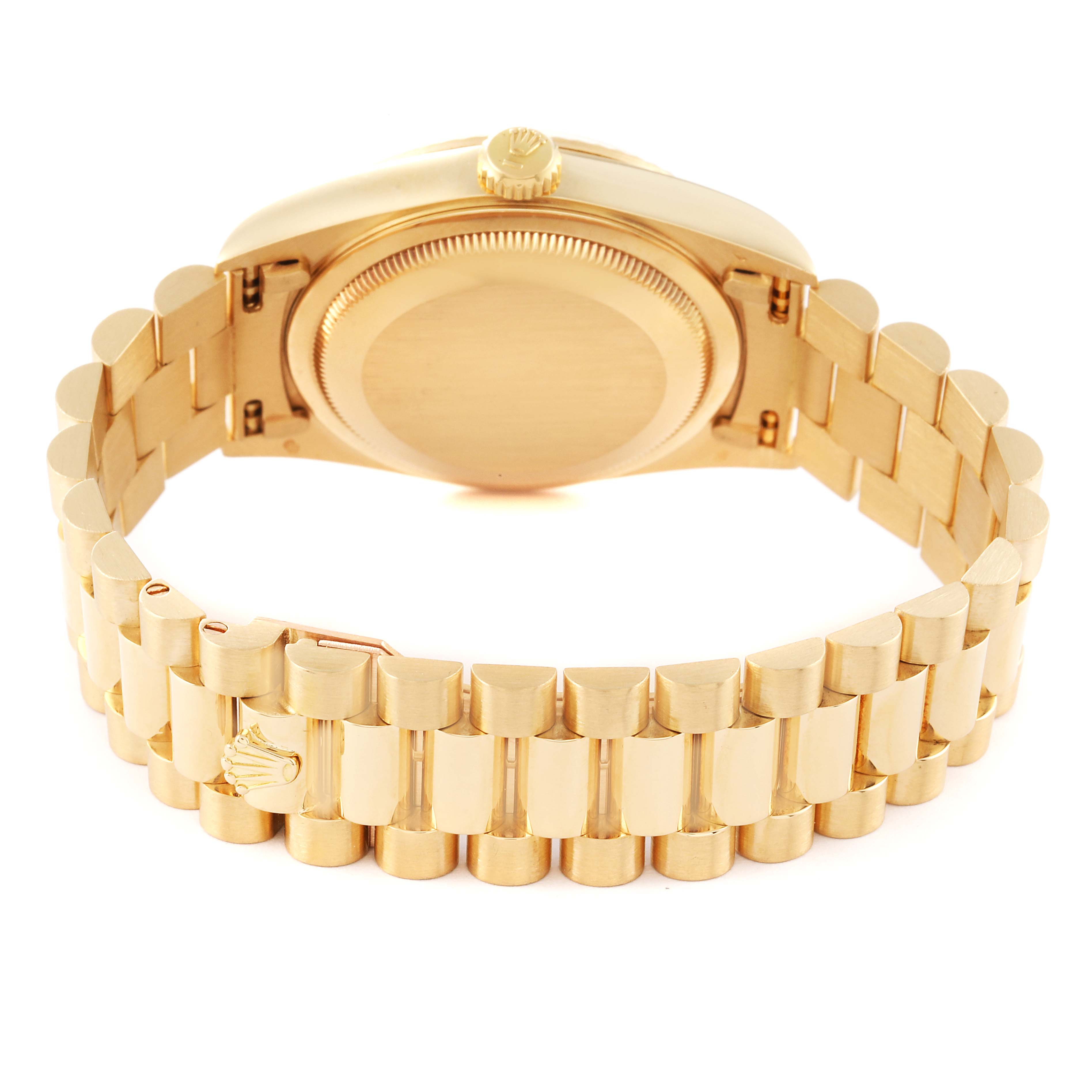 This image shows the back and the bracelet of a Rolex President 18238 Men's Yellow Gold Champagne Dial 18238 Men's Yellow Gold Champagne Dial model watch.