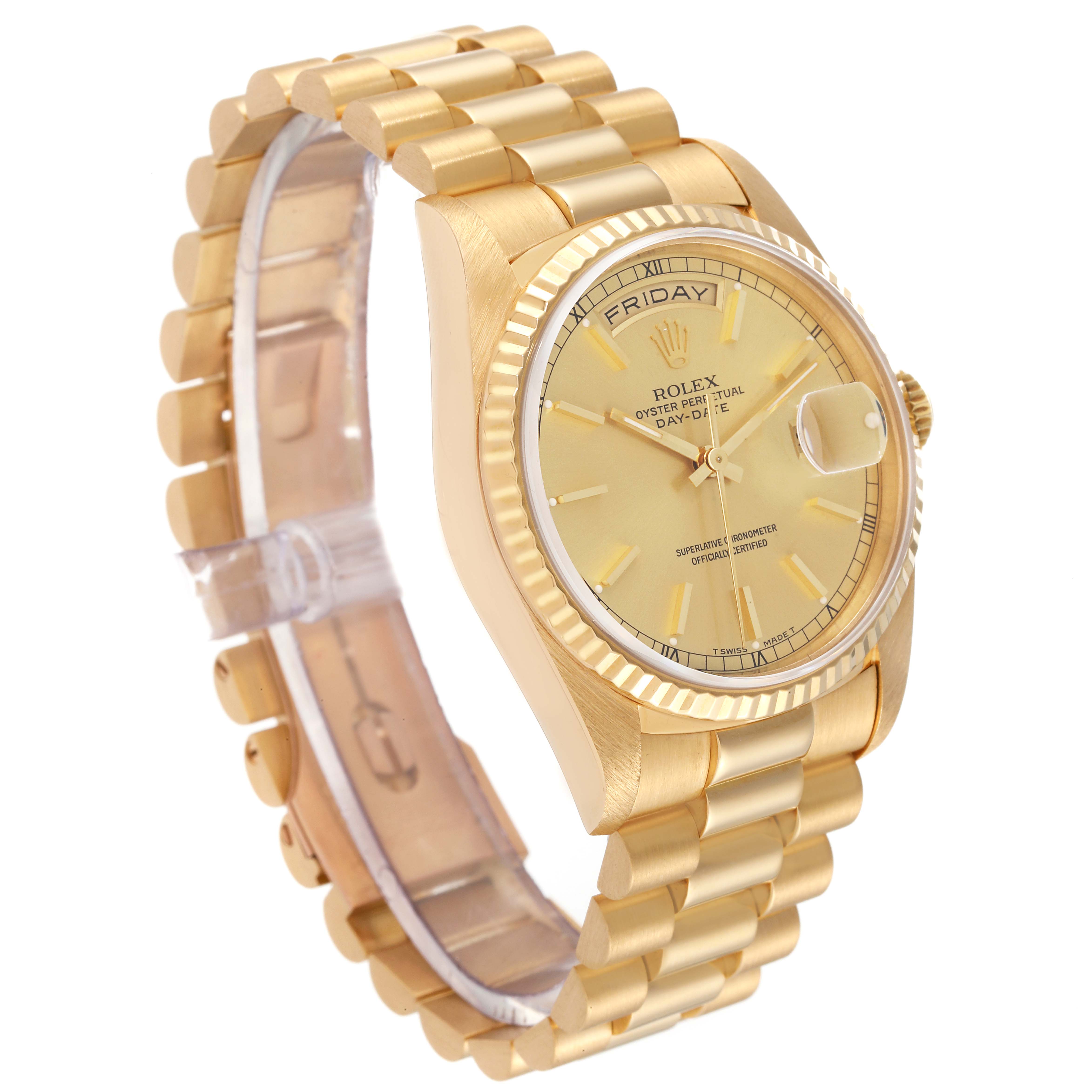 This image shows a Rolex President 18238 Men's Yellow Gold Champagne Dial 18238 Men's Yellow Gold Champagne Dial model watch from an angle highlighting the face, band, crown, and case.