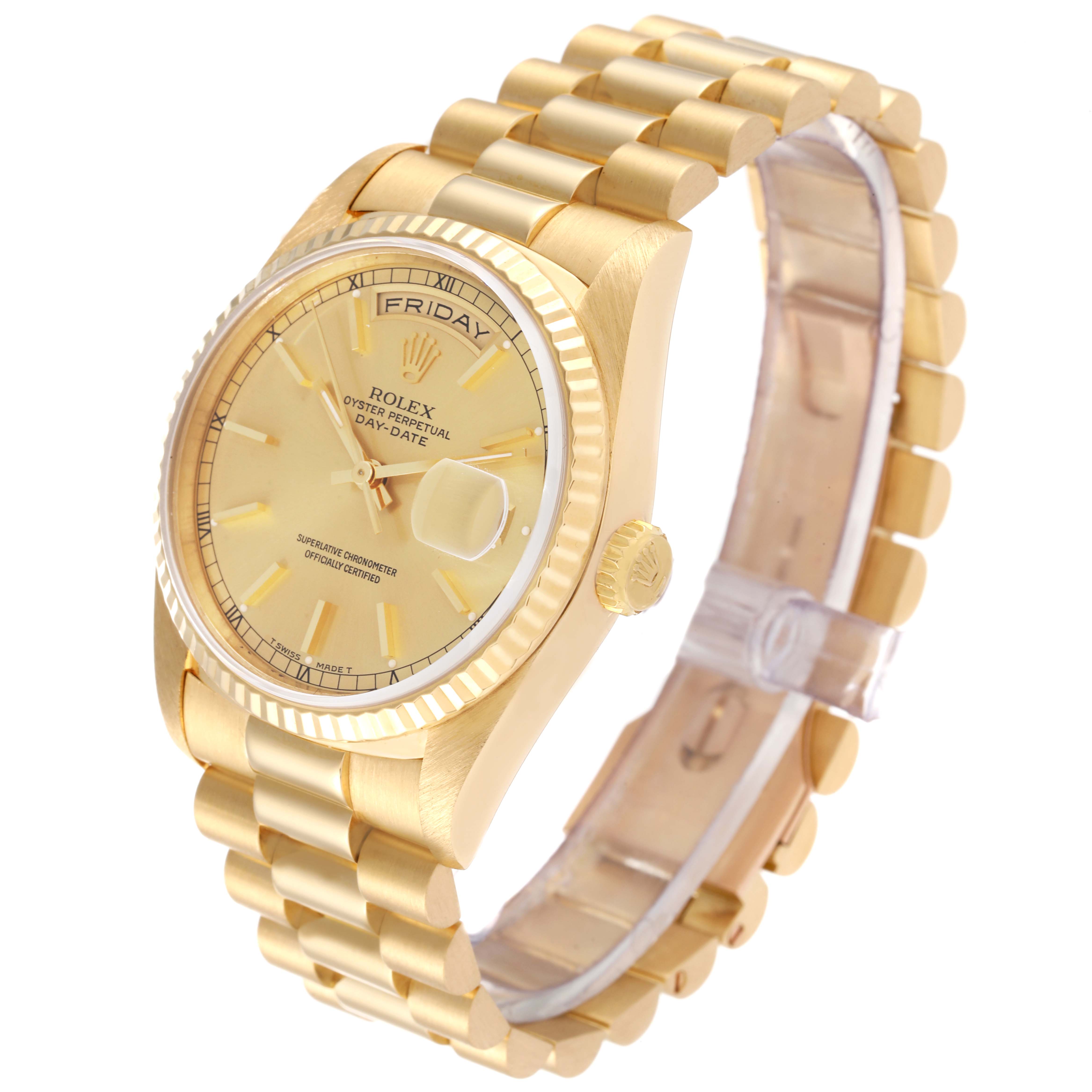 The image shows a side view of the Rolex President 18238 Men's Yellow Gold Champagne Dial 18238 Men's Yellow Gold Champagne Dial model watch, highlighting its bracelet, dial, bezel, and day-date display.