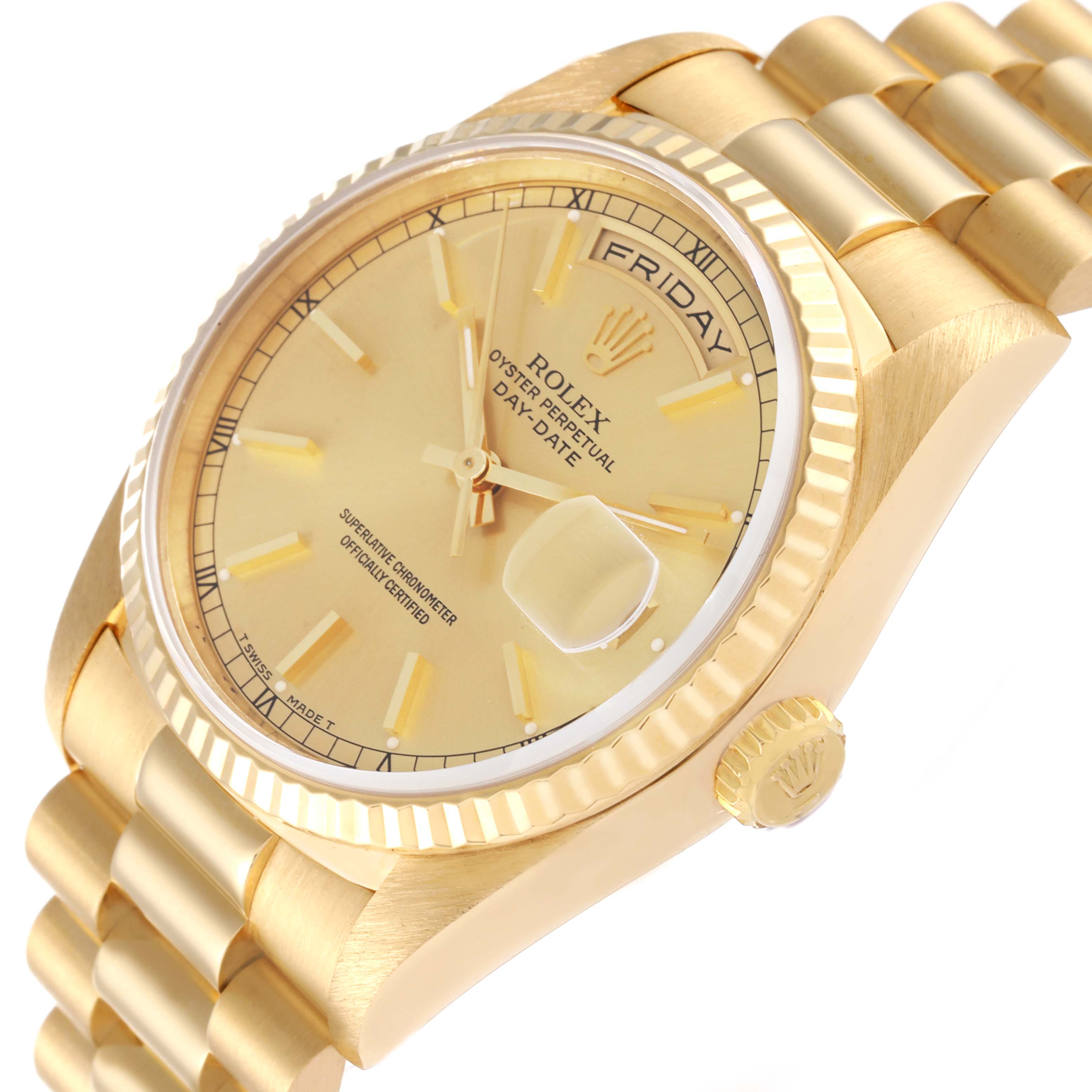 The image shows a side and partial front view of the Rolex President 18238 Men's Yellow Gold Champagne Dial 18238 Men's Yellow Gold Champagne Dial model watch, highlighting its gold case, band, and dial.