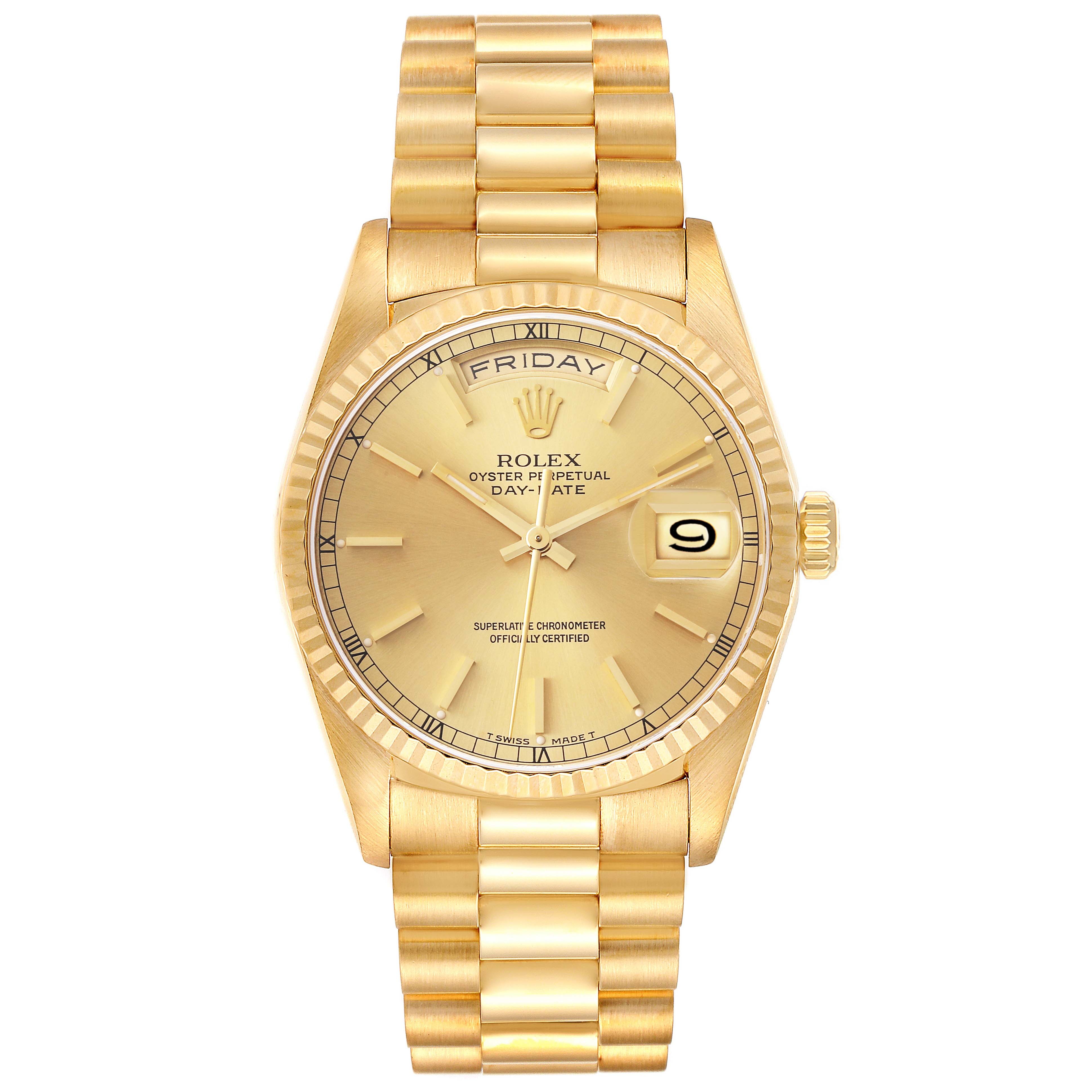 The image shows a front view of the Rolex President 18238 Men's Yellow Gold Champagne Dial 18238 Men's Yellow Gold Champagne Dial model, displaying its gold bracelet, dial, day, and date features.