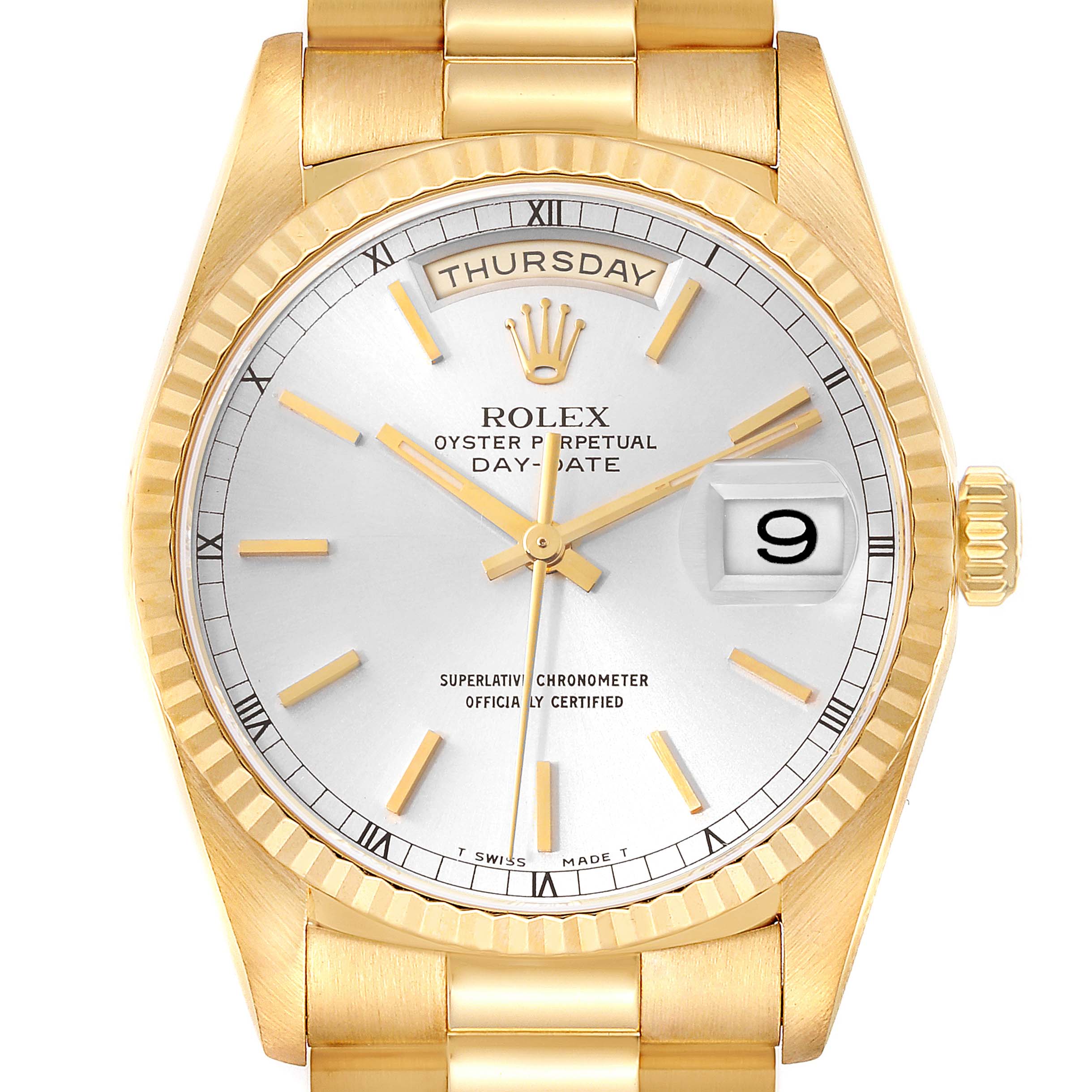 The image shows a front view of a Rolex President 18238 Men
s Yellow Gold Silver Dial 18238 Men
s Yellow Gold Silver Dial model, highlighting the dial, hands, day, date, crown, and part of the bracelet.
