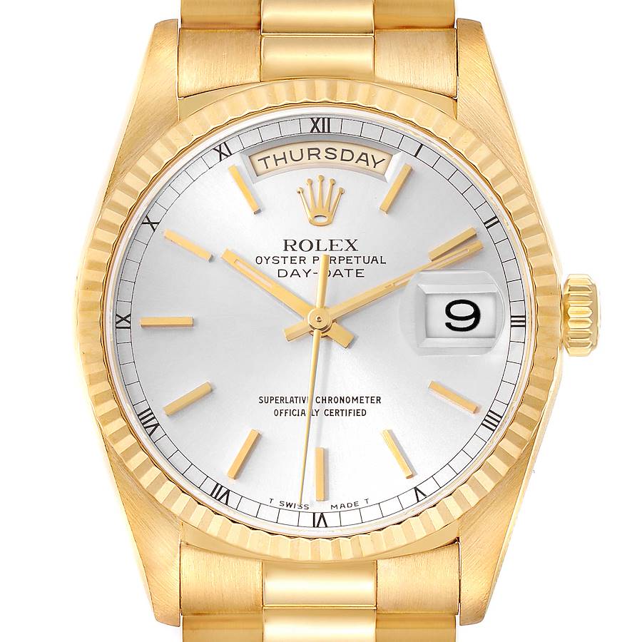 Rolex President Day-Date Yellow Gold Silver Dial Mens Watch 18238 SwissWatchExpo