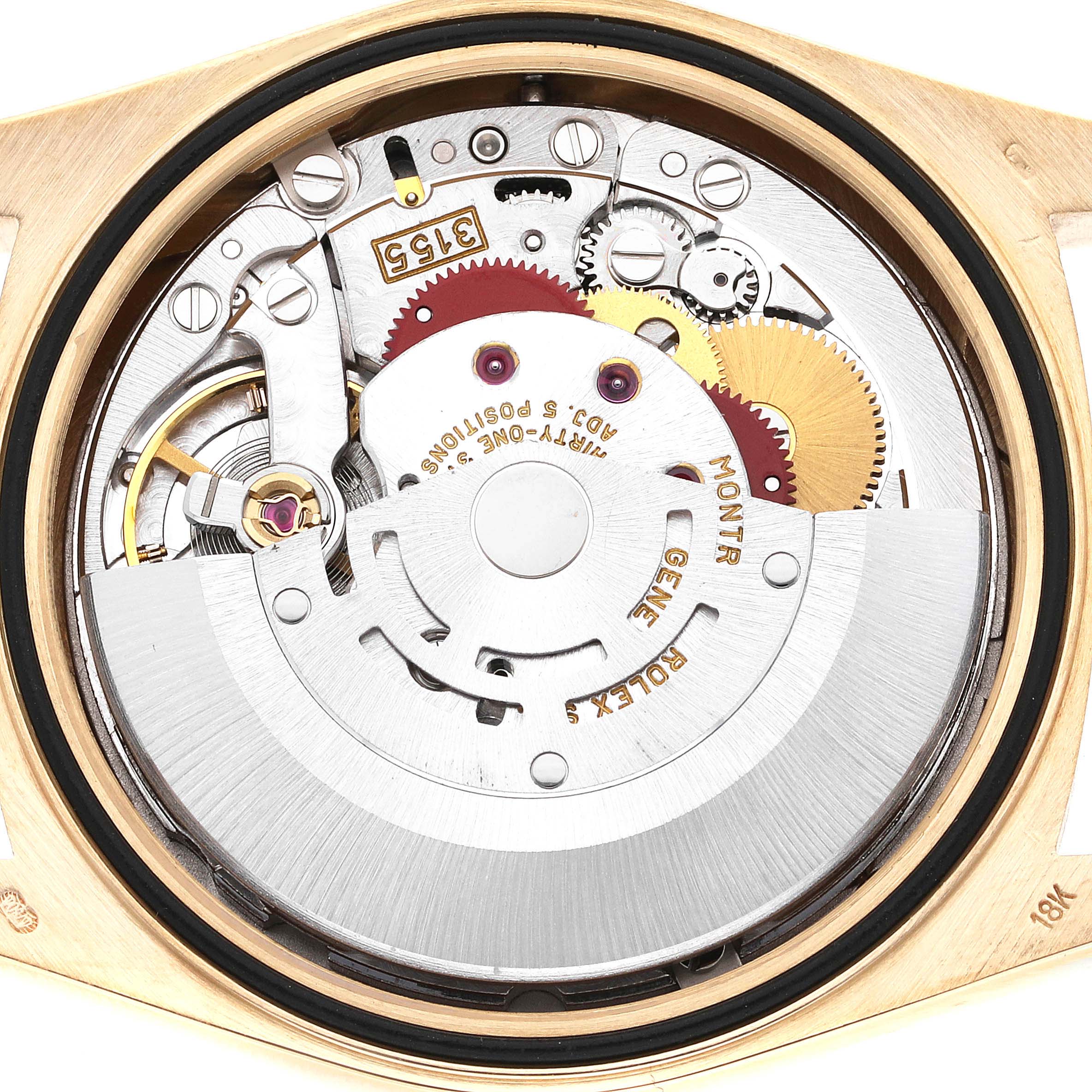 This image shows the inner mechanics or movement of a Rolex President 18238 Men
s Yellow Gold Silver Dial 18238 Men
s Yellow Gold Silver Dial model watch, viewed from the back.