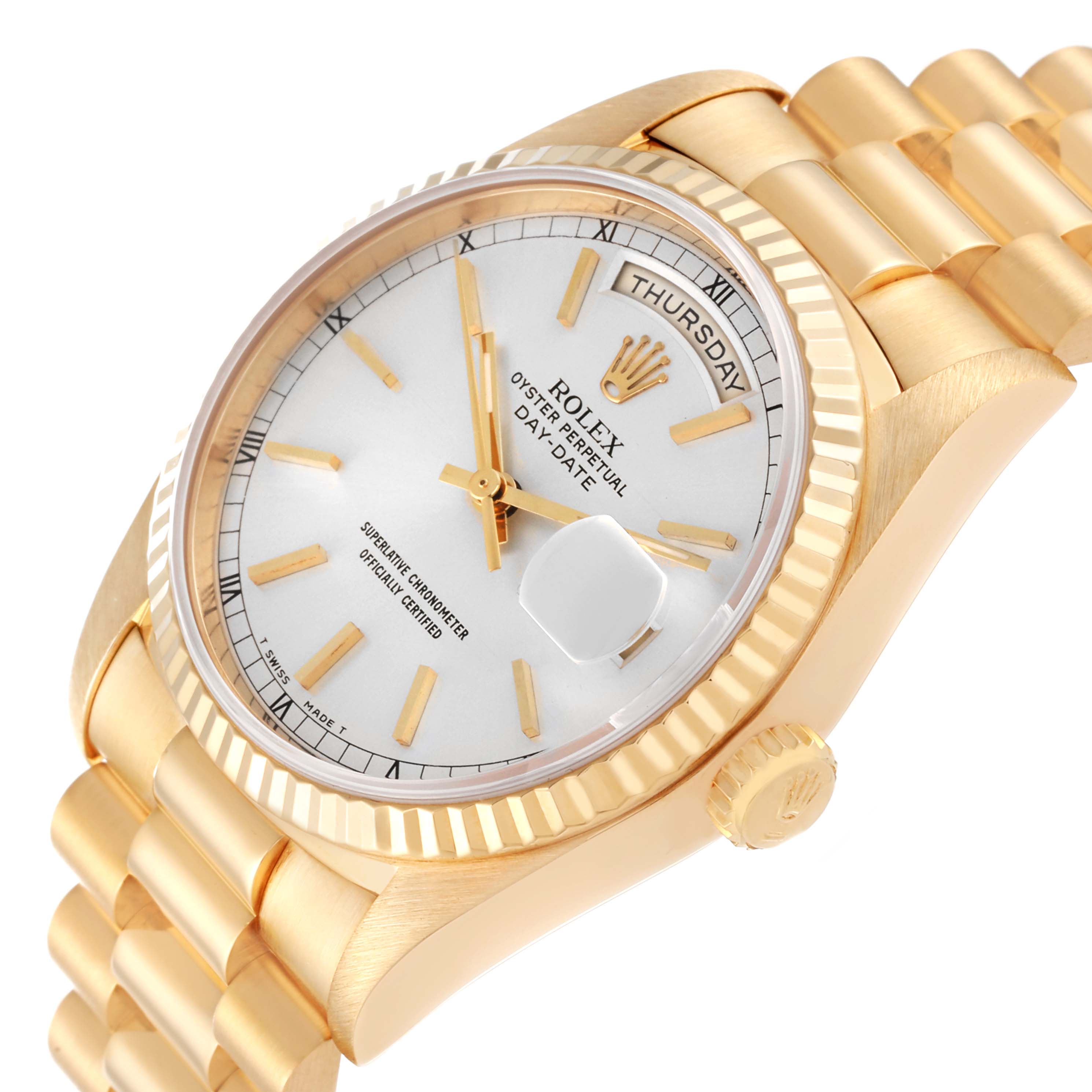 This image of the Rolex President 18238 Men
s Yellow Gold Silver Dial 18238 Men
s Yellow Gold Silver Dial model watch shows a close-up angle, highlighting the watch face, bezel, and part of the bracelet.