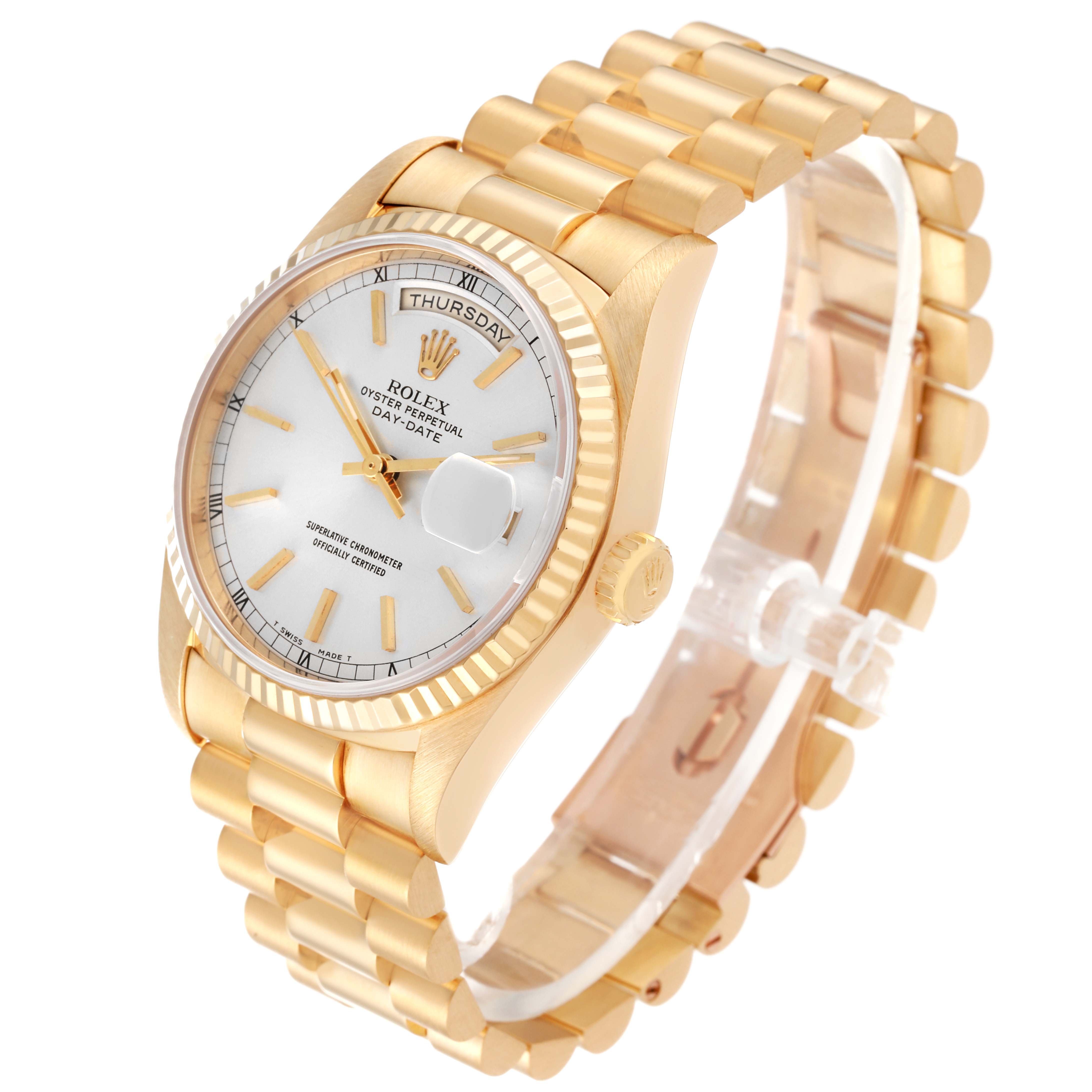 The Rolex President 18238 Men
s Yellow Gold Silver Dial 18238 Men
s Yellow Gold Silver Dial model watch is shown at a three-quarter angle, highlighting the dial, bezel, and bracelet.