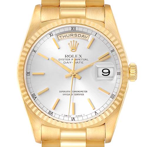 Photo of Rolex President Day-Date Yellow Gold Silver Dial Mens Watch 18238