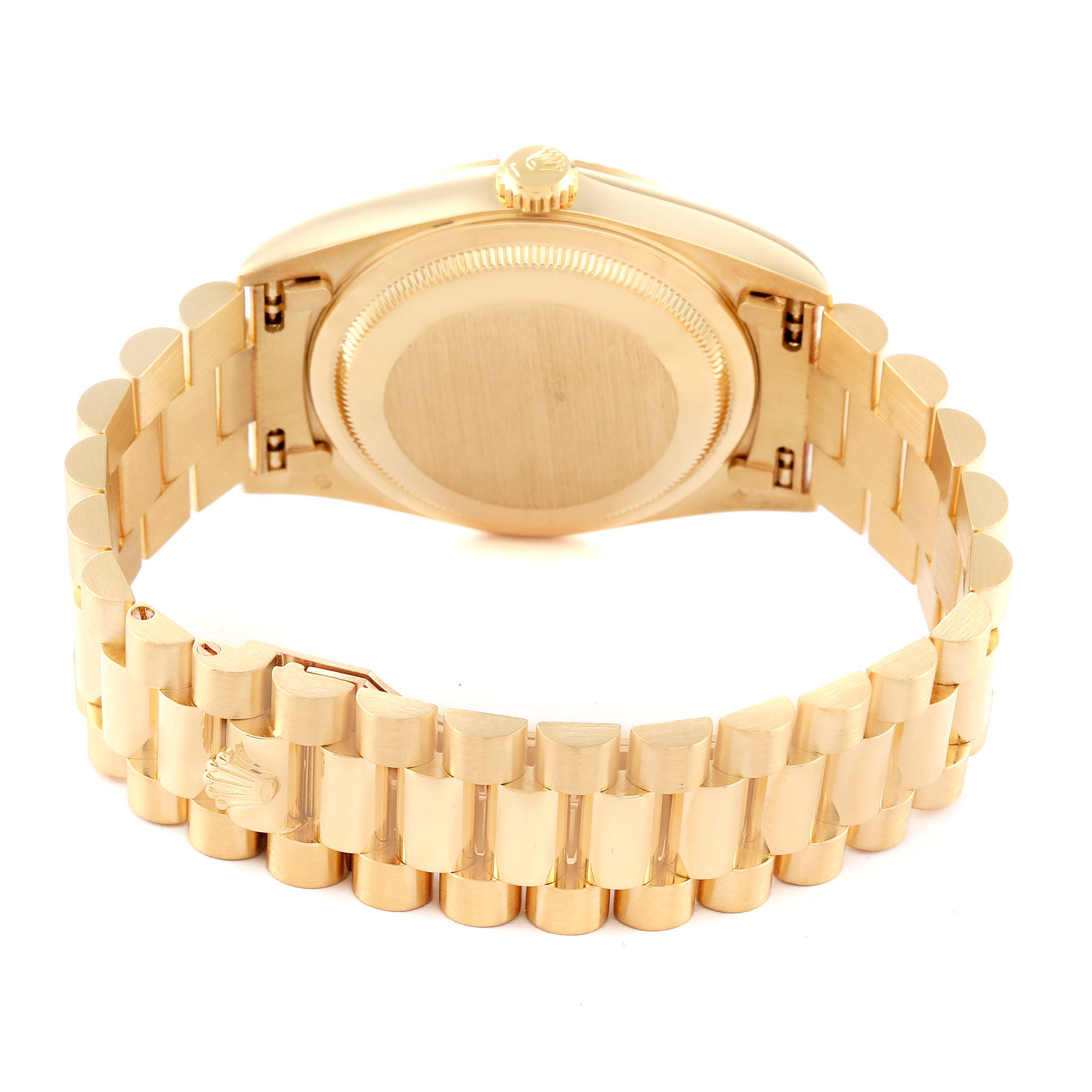 The image shows the back view and bracelet of a Rolex President 18238 Men
s Yellow Gold Silver Dial 18238 Men
s Yellow Gold Silver Dial model watch.