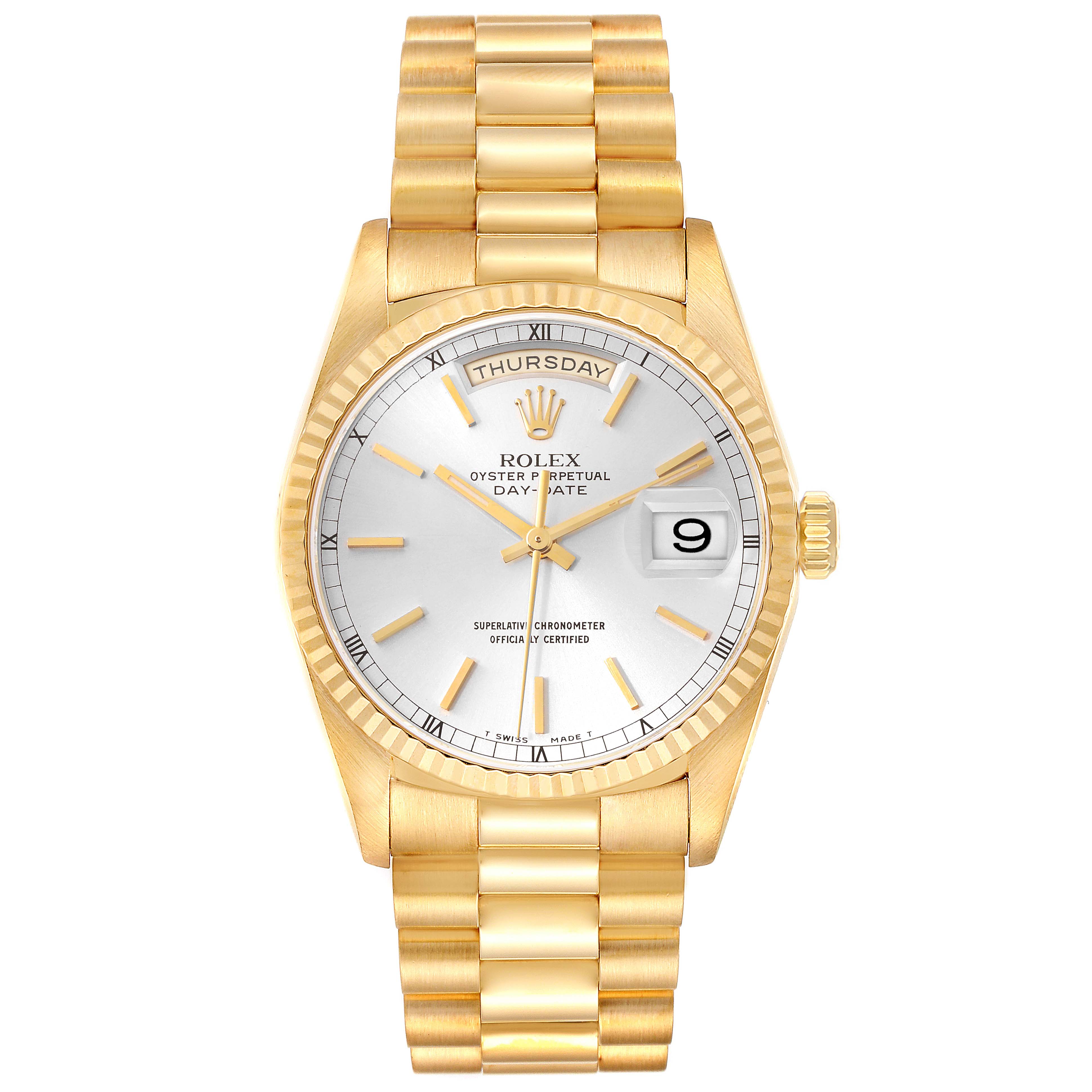 The image shows the front view of a Rolex President 18238 Men
s Yellow Gold Silver Dial 18238 Men
s Yellow Gold Silver Dial model watch, highlighting the face, bezel, bracelet, and day-date display.