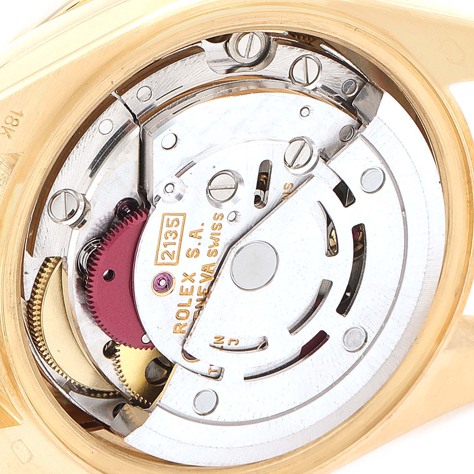 This is a close-up view of the movement mechanism of a Rolex President 69158 Women's Yellow Gold Mother of Pearl Dial 69158 Women's Yellow Gold Mother of Pearl Dial model watch.