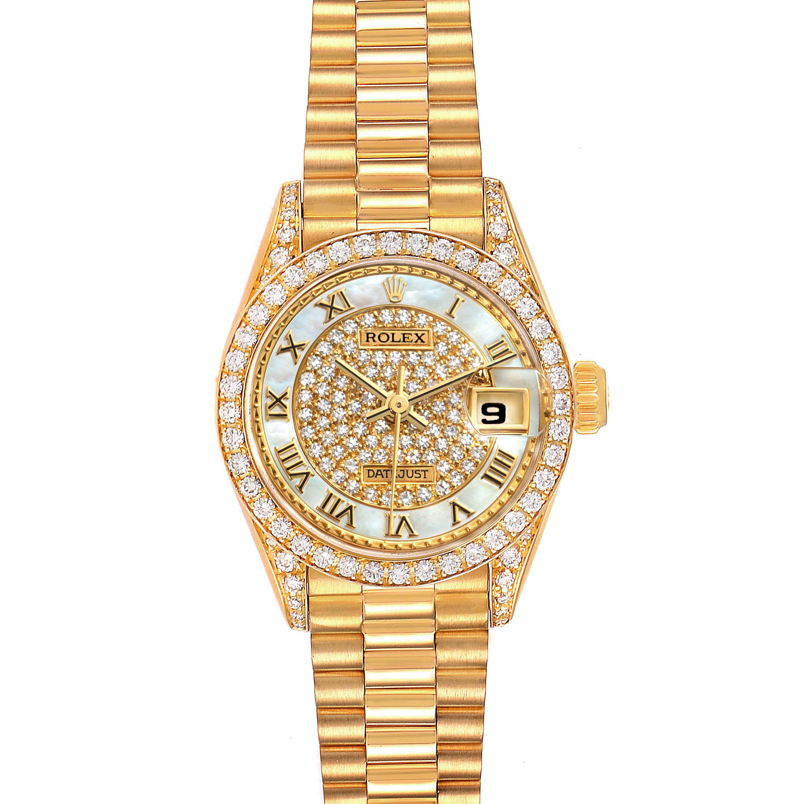 The image shows a front view of a Rolex President 69158 Women's Yellow Gold Mother of Pearl Dial 69158 Women's Yellow Gold Mother of Pearl Dial model watch, highlighting the dial, bezel, and bracelet.